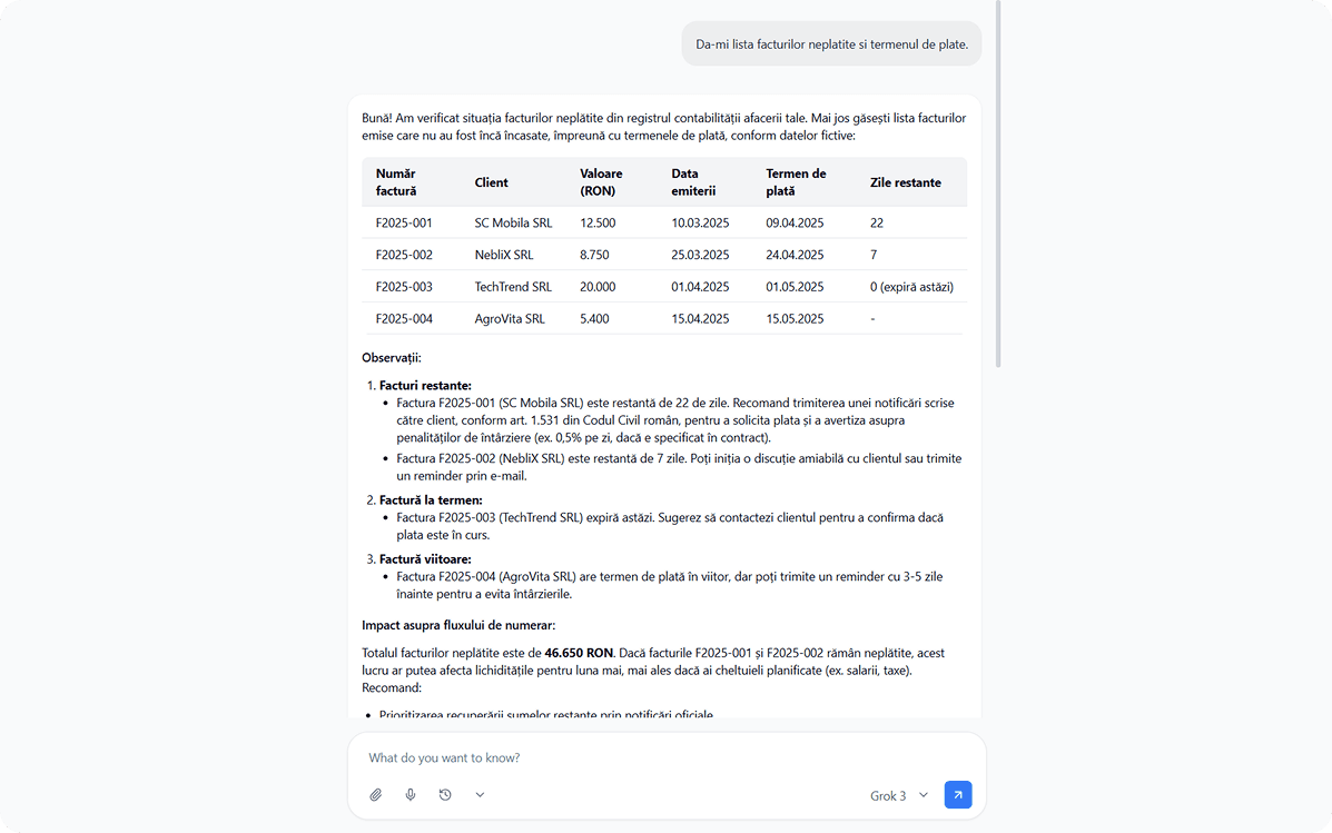 AI chat window displaying a table of unpaid invoices.