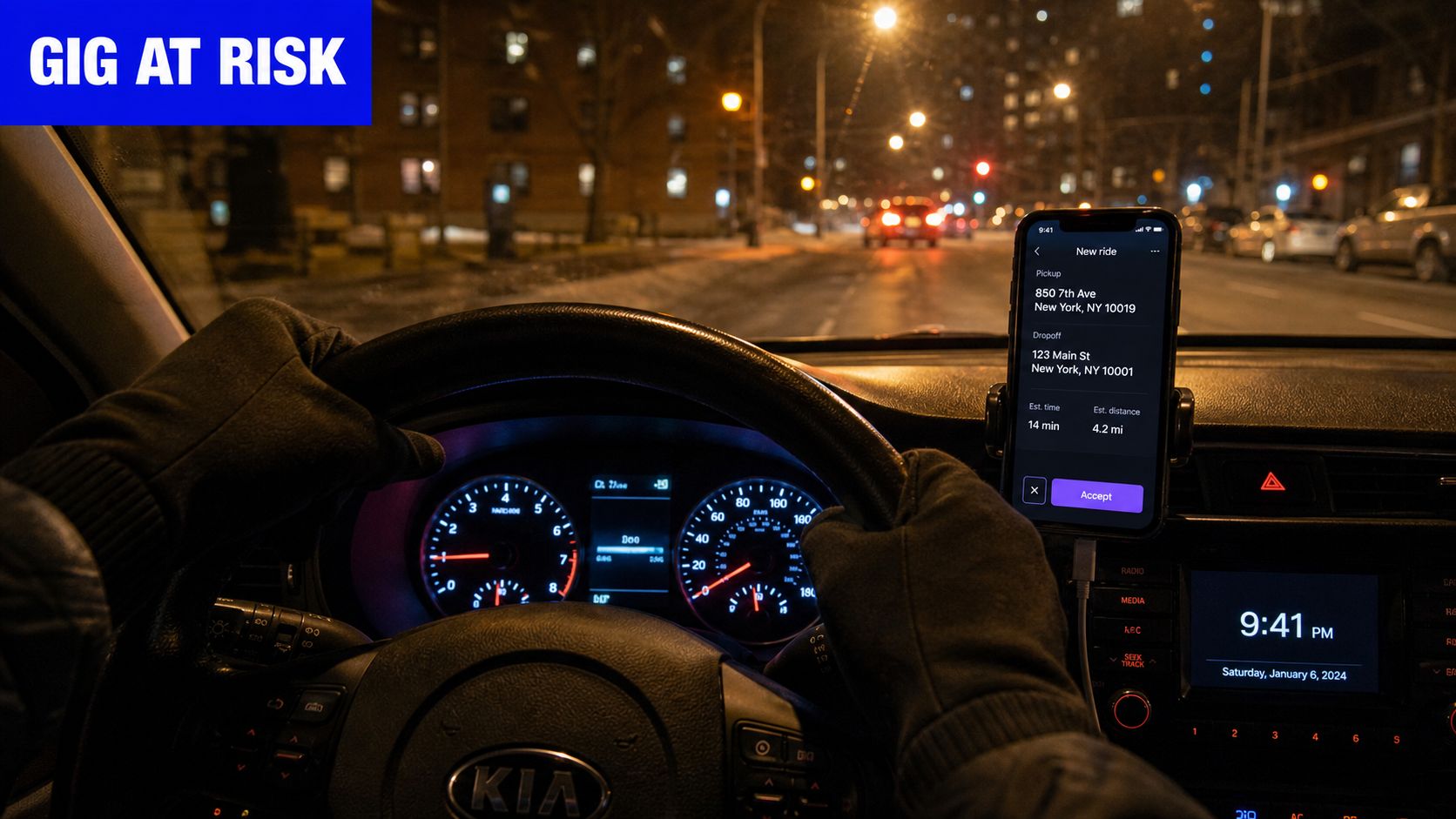 A person driving a car at night while viewing a ride-share pickup request on their smartphone.