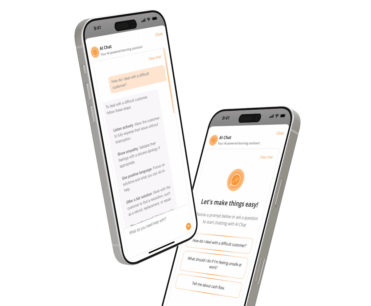 Two iphones floating at an angle. On the screens they show a conversation with SparkLearn's AI Chat. The chat box says "What do you need help with?"