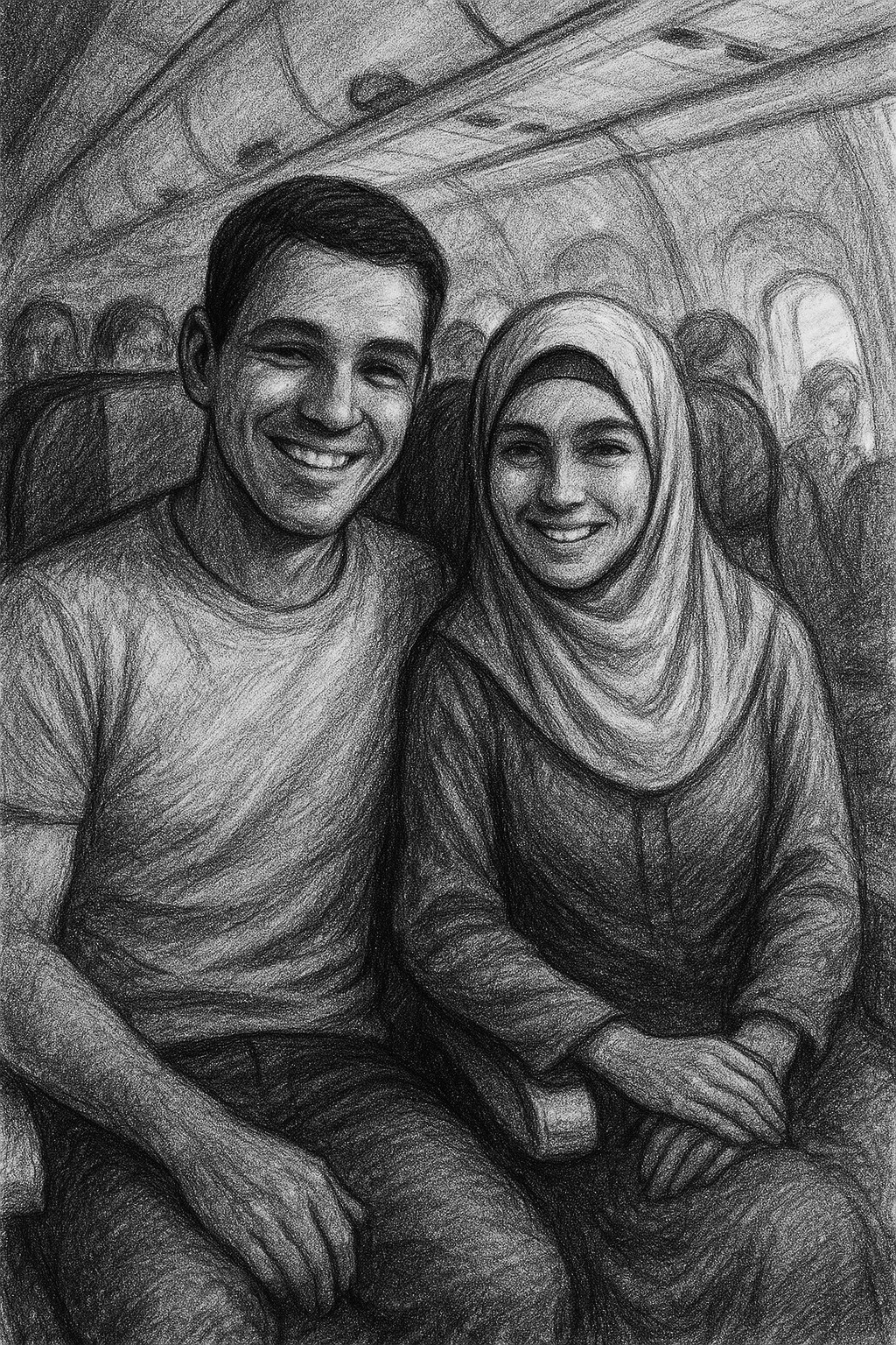 A young person with curly hair smiles at the camera while sitting in front of a laptop against a dark background.