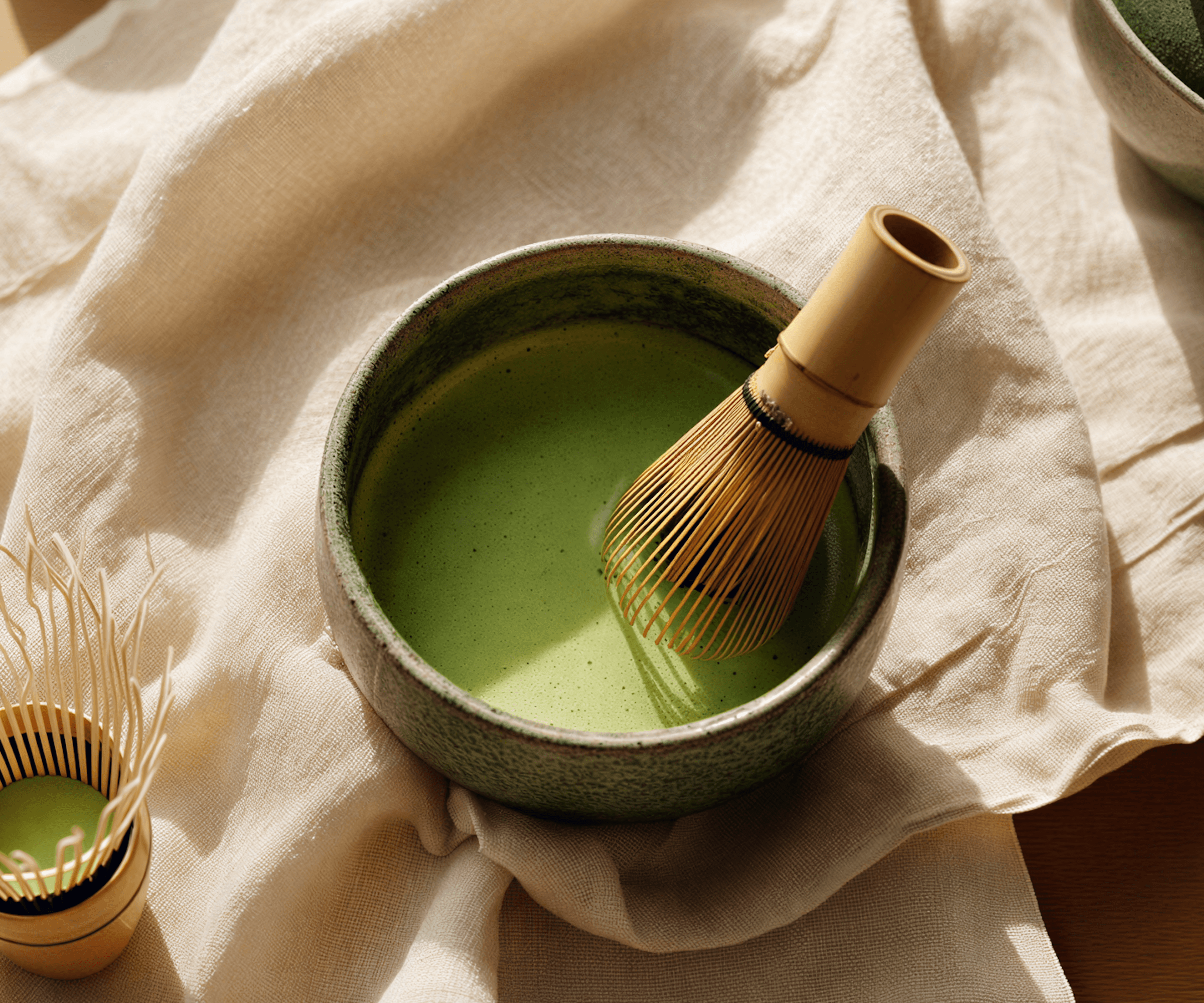 Bamboo whisk resting in a ceramic matcha bowl with freshly whisked matcha