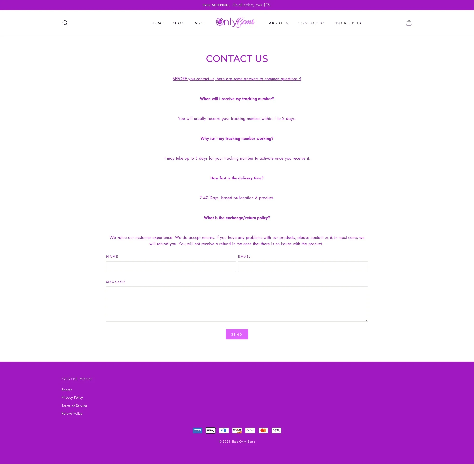 contact page for shoponlygems website developed & designed by Dreams Agency Mississauga, Ontario