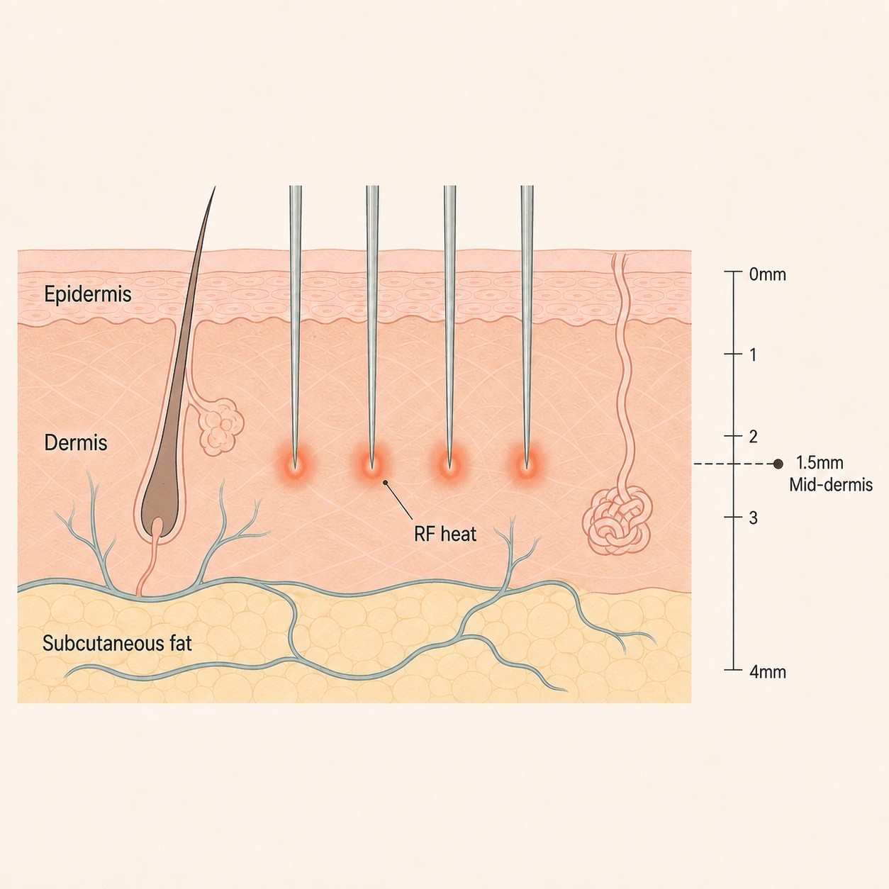 Fine needles delivering radiofrequency heat into the dermis