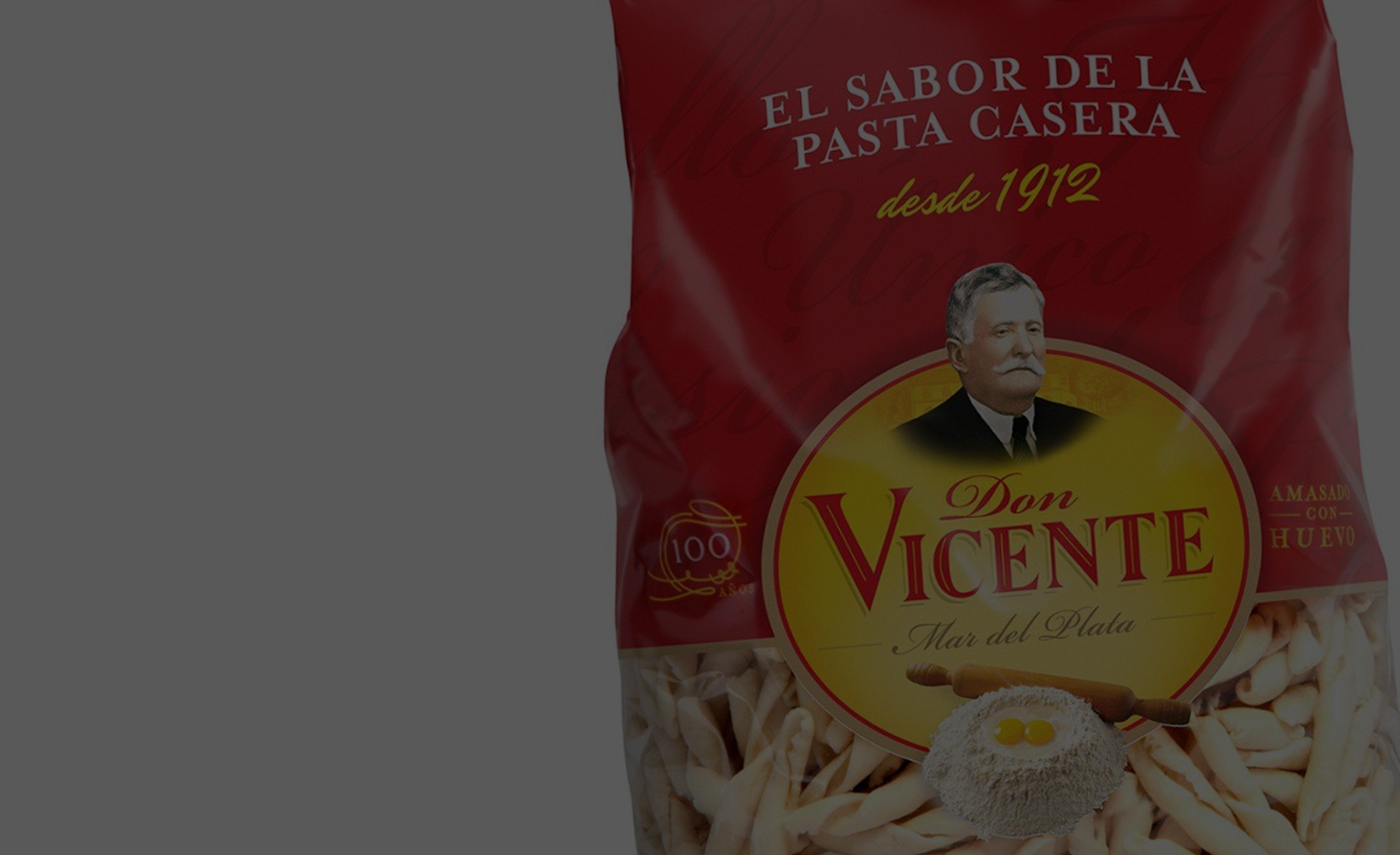 Red pasta packaging features "Don Vicente" brand. Includes a vintage man's portrait, bold branding, stylized text, and pasta image. Classic, authentic feel.