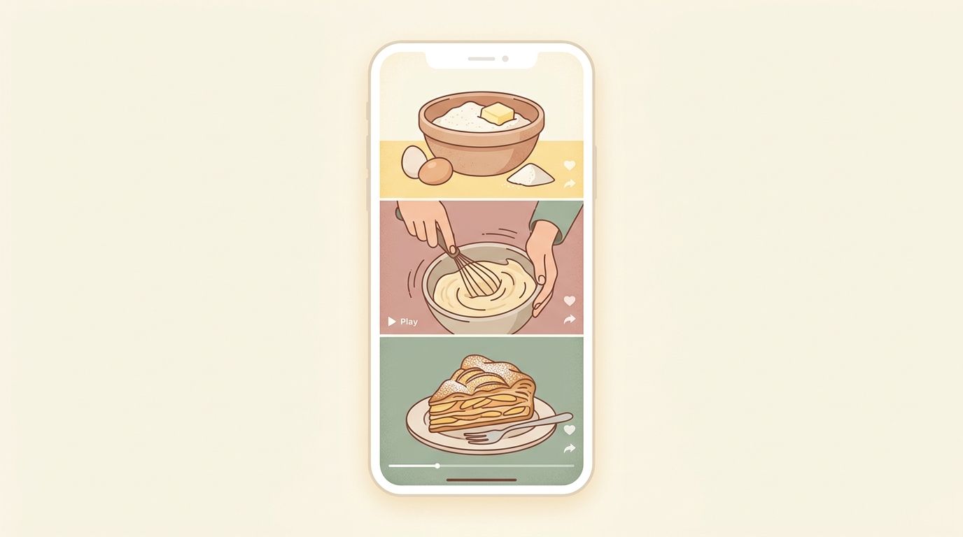 Una ilustración en un teléfono móvil mostrando los pasos para preparar un pastel desde ingredientes hasta servir