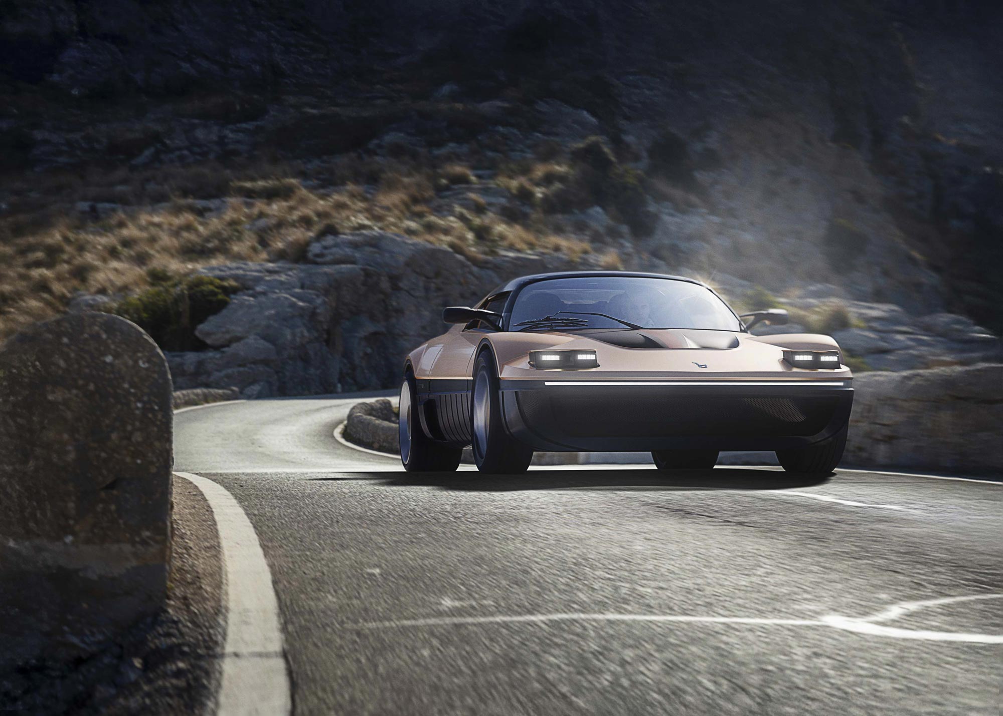 Photorealistic render of Bertone Runabout on a mountain pass, front view