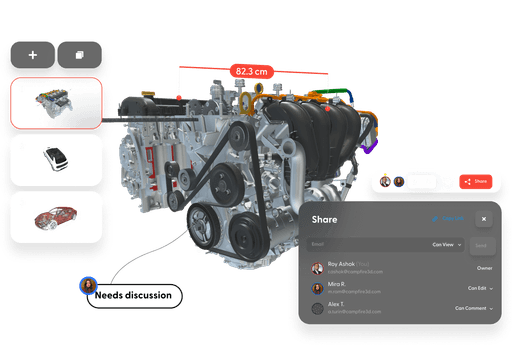 A 3D model of a complex mechanical component is shown with elements of Campfire's user interface surrounding it.