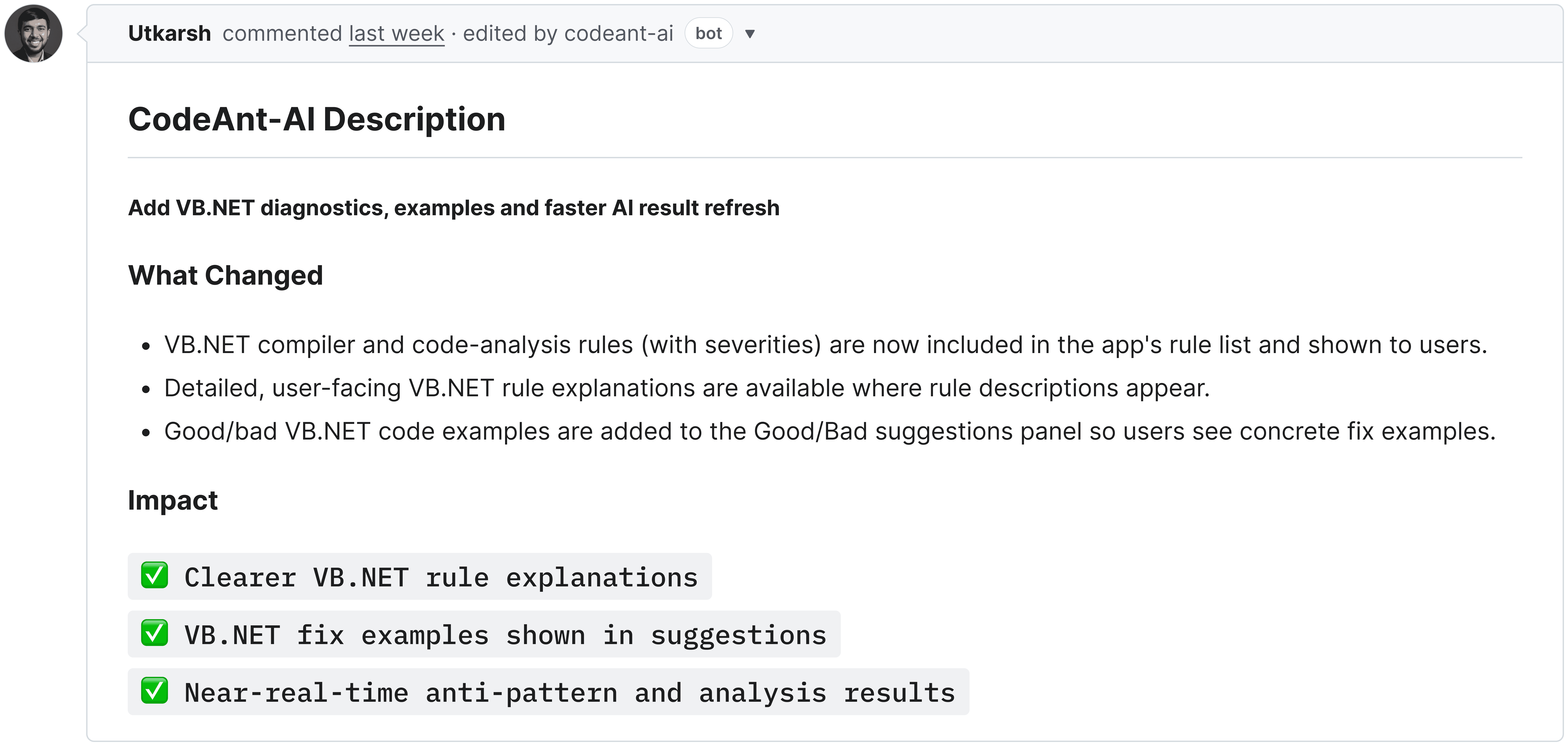 CodeAnt AI capabilities on a pull request: PR summary, inline review, quality gates, AI chat, review dashboard, and CI/CD review hook