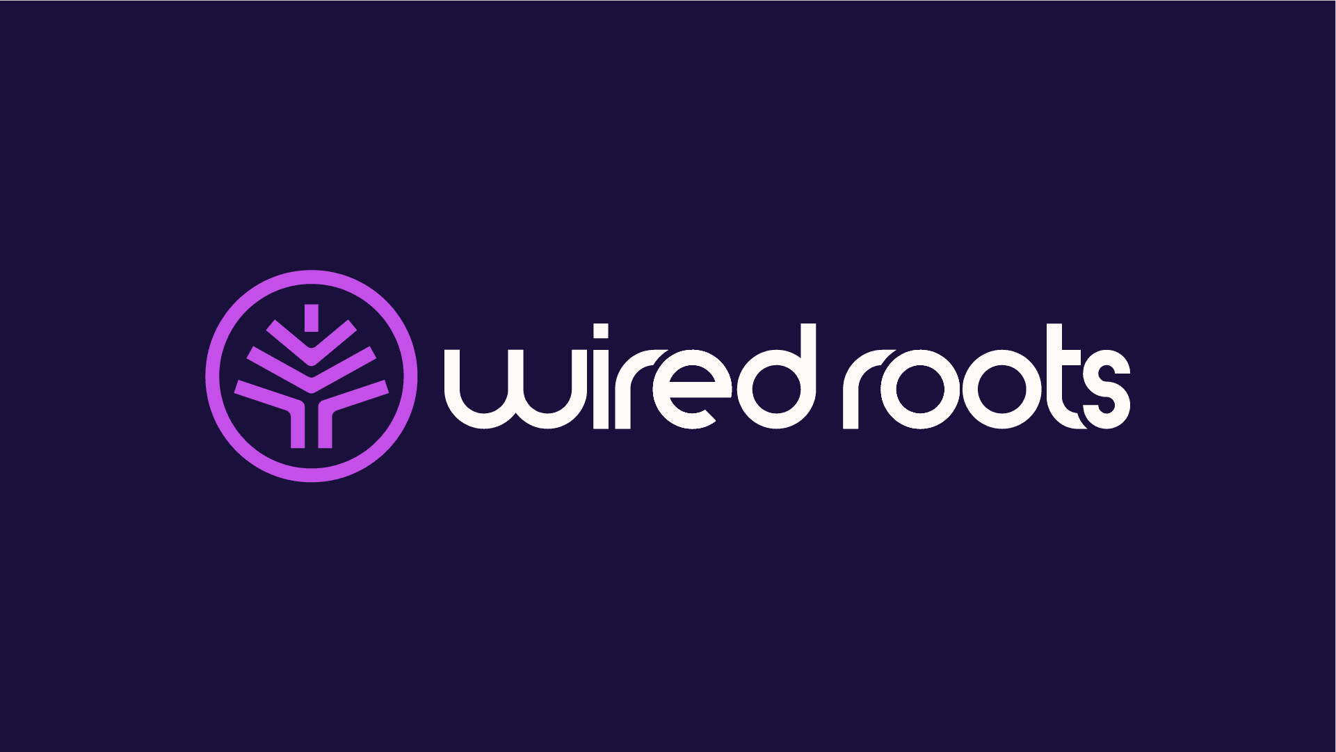 A horizontal logo design for 'Wired Roots' on a dark navy-blue background. The left side features a circular emblem with an abstract, geometric tree symbol inside, depicted in a bright purple color. To the right of the emblem, the brand name 'wired roots' is displayed in a modern, rounded white typeface. The combination of purple and white elements creates a striking contrast against the dark background, emphasizing the clean, tech-inspired aesthetic of the logo.