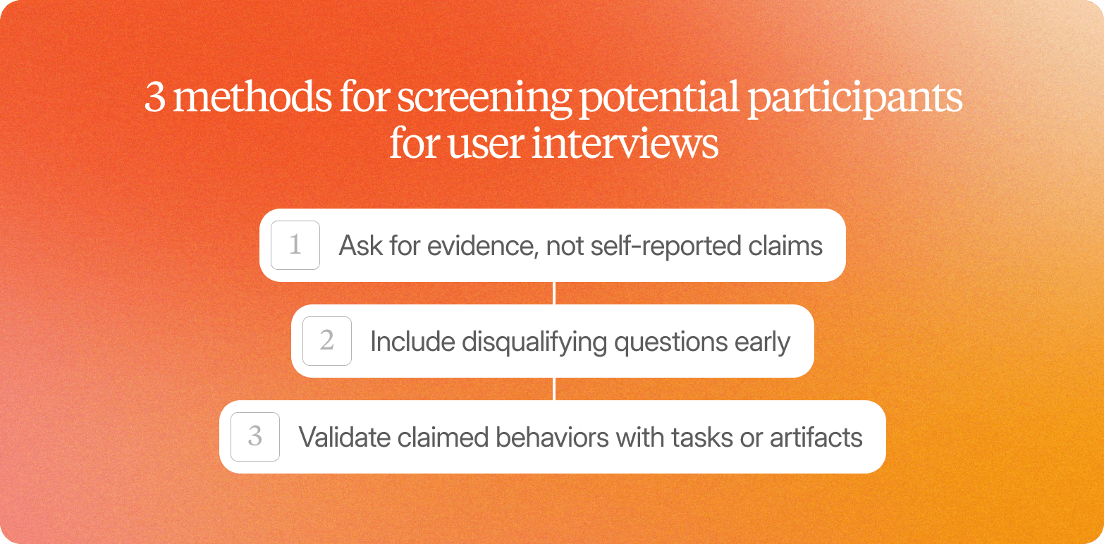 Infographic titled "3 methods for screening potential participants for user interviews" listing: ask for evidence not self-reported claims, include disqualifying questions early, and validate claimed behaviors with tasks or artifacts