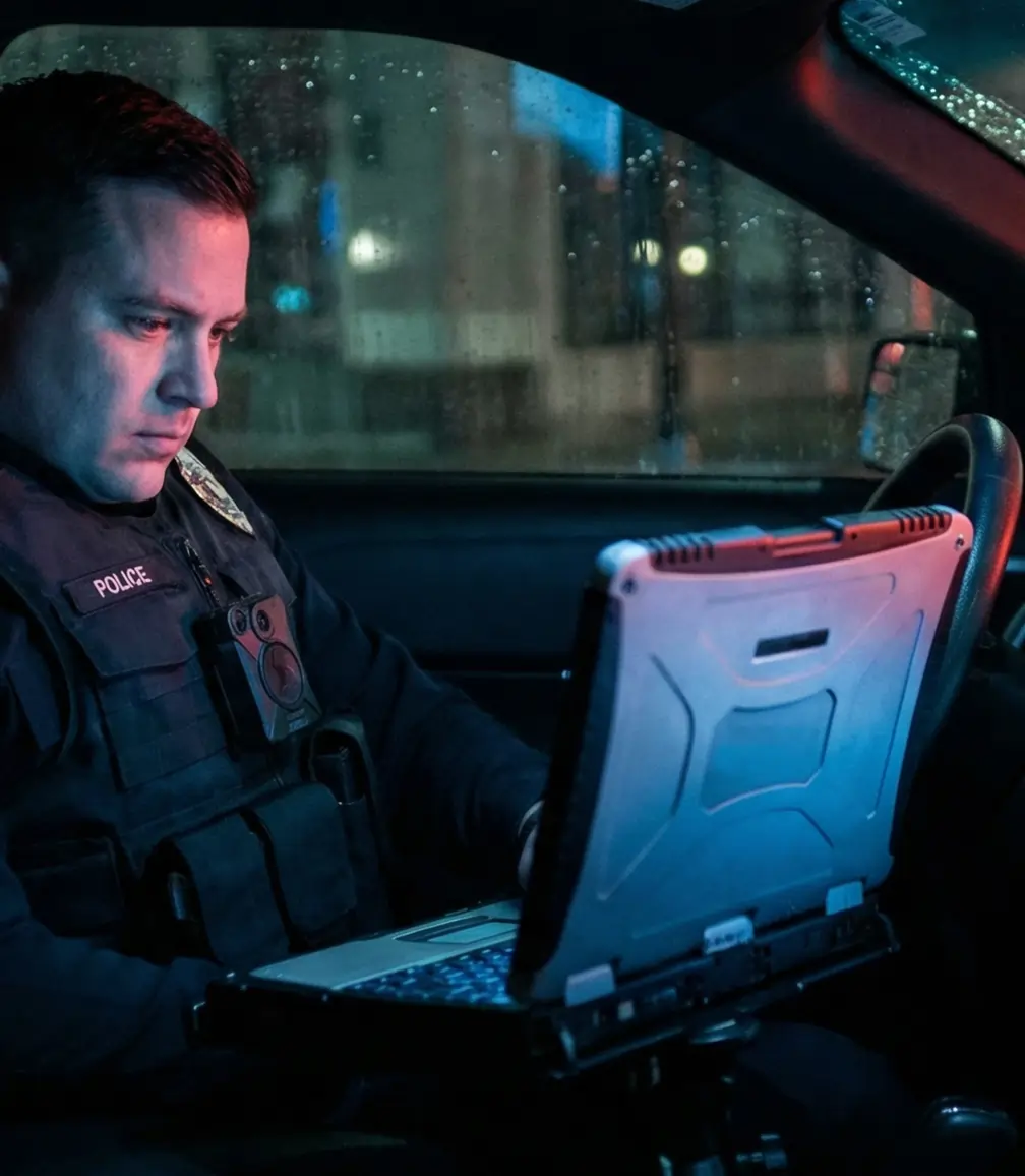 Patrol officer using a rugged vehicle-mounted laptop inside a Guardian-upfitted patrol unit during a night shift