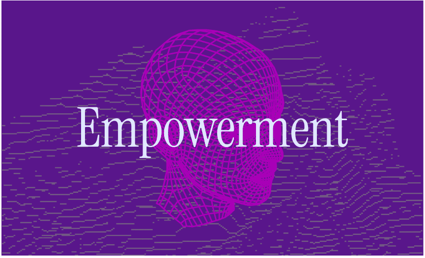 Purple wireframe human head with the word Empowerment in the center.