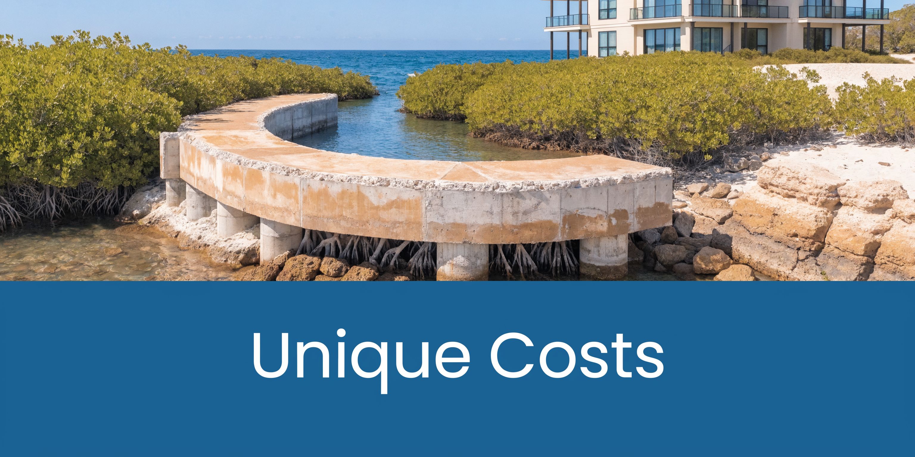 A coastal property with a concrete structure extending into a calm blue bay surrounded by dense mangroves.