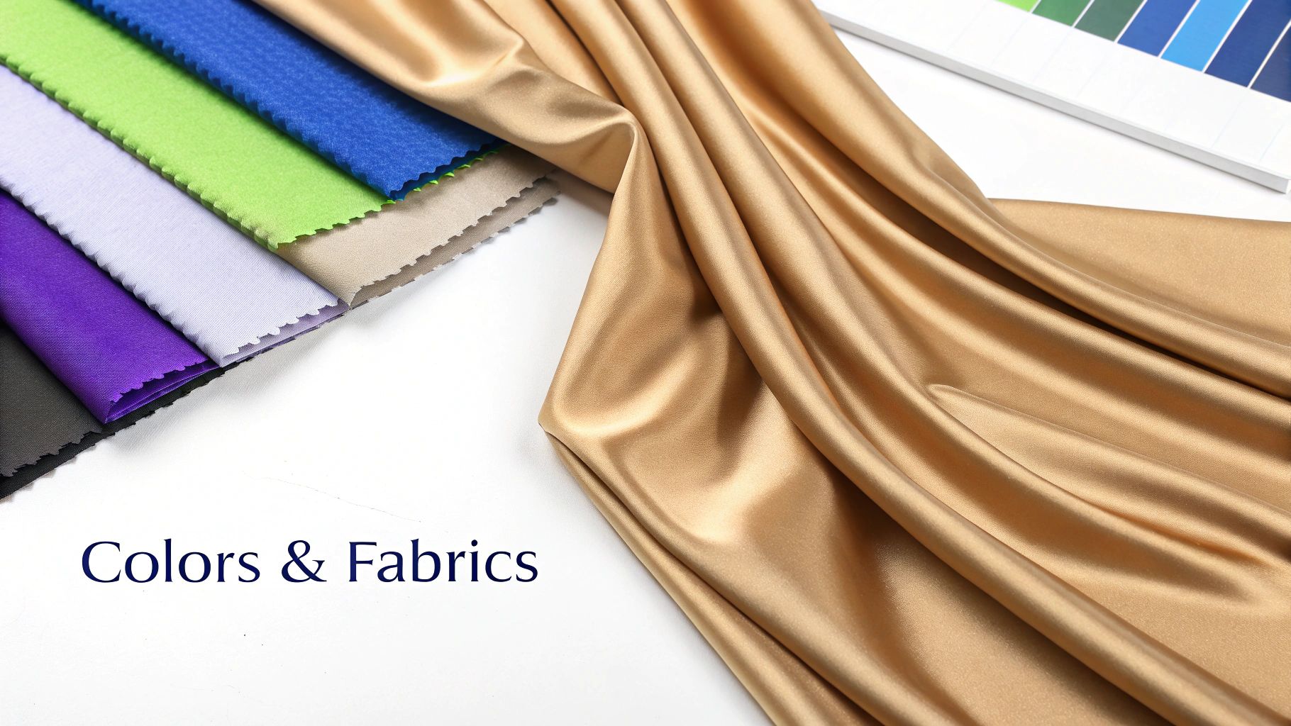 A diverse collection of colorful fabric swatches and draped golden satin, with a color palette, for fashion.