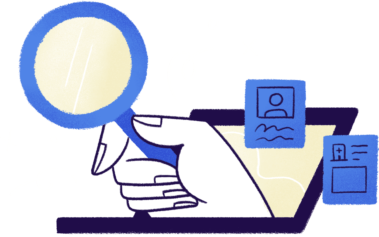 An illustration of a laptop with a magnifying glass