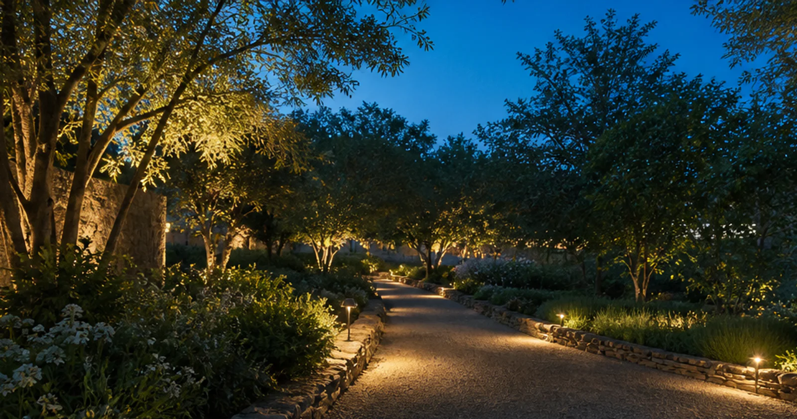Garden path at blue hour with restrained warm path lighting