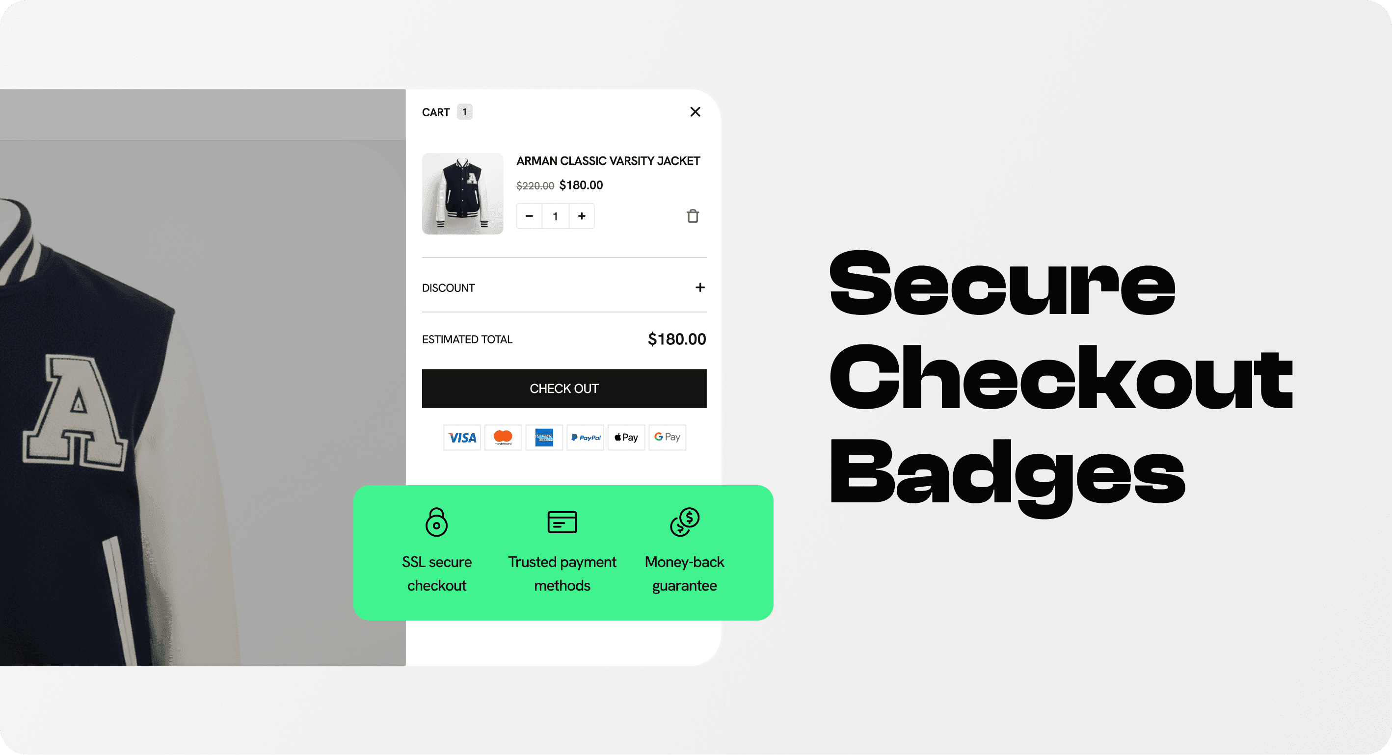 Secure checkout badge row with payment methods and money-back guarantee displayed below a Shopify cart