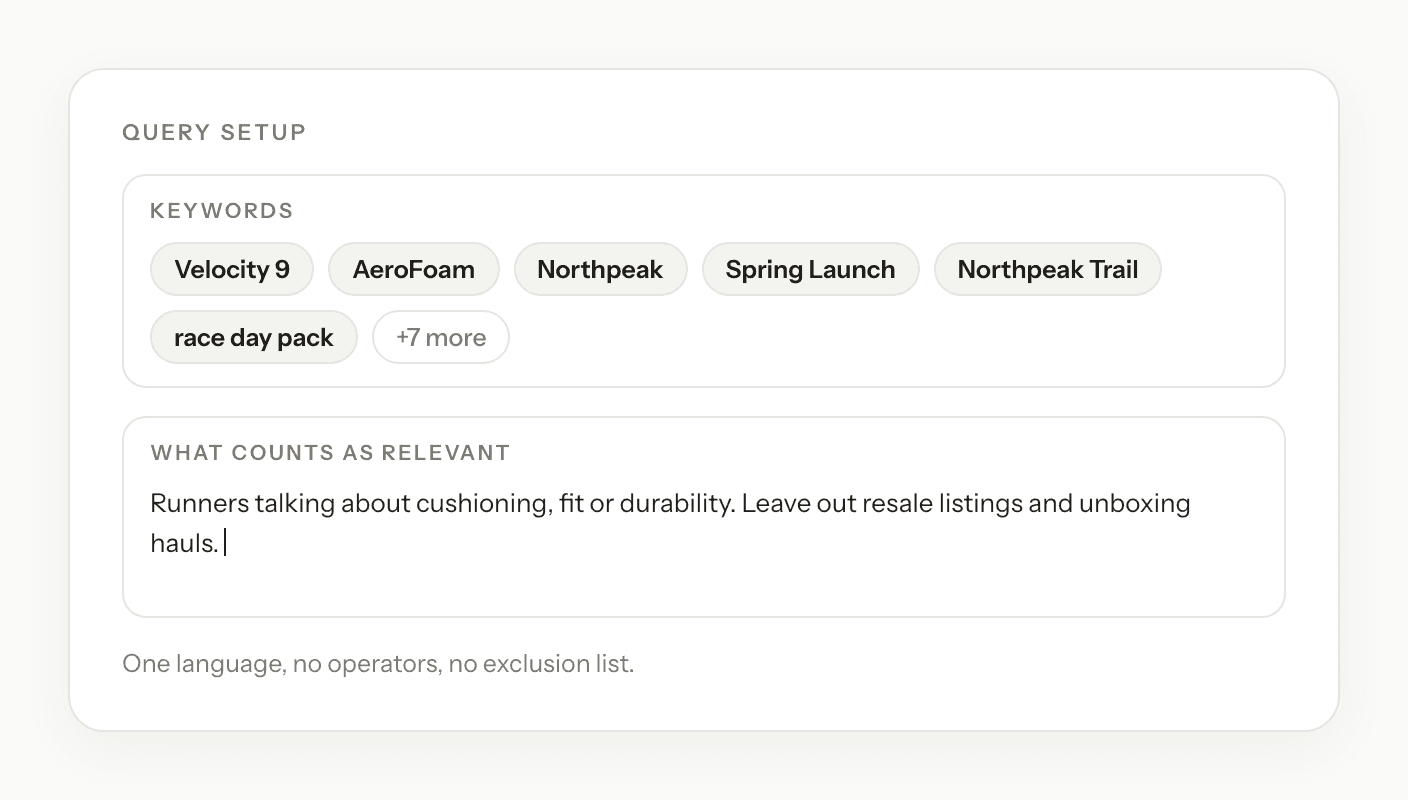 A query setup screen with a short list of plain keyword chips and a plain-language relevance description
