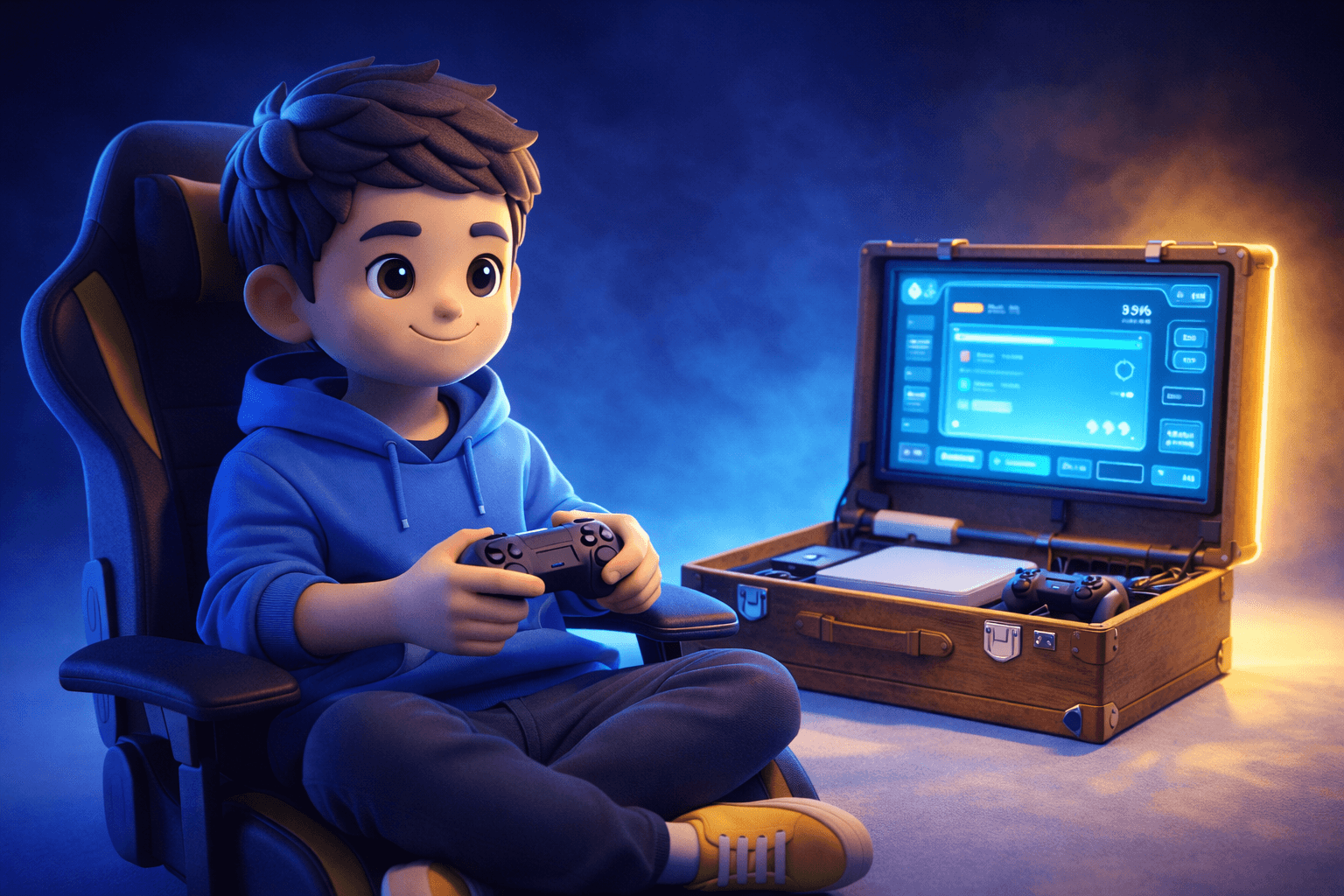 3d charachter playing console inside the box