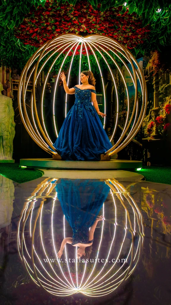 Debutante in navy inside the golden sphere at Pandora Hall, Quezon City