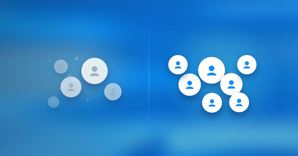 Split illustration: faded grey user icons on the left, bright blue user icons multiplying on the right