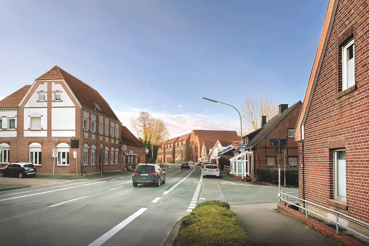 Isometrische Zeichnung eines Bauprojekts mit mehreren Gebäuden und markierten Strukturen in Rot