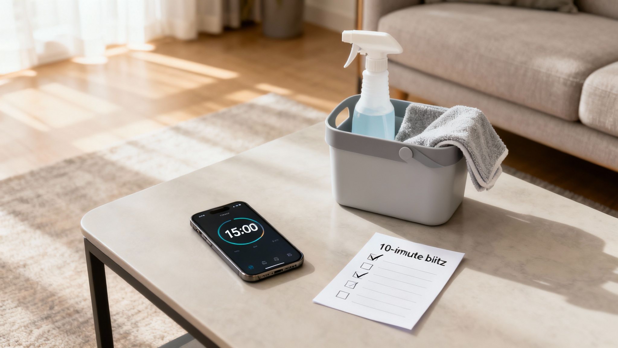 A smartphone displaying a 15-minute timer next to cleaning supplies and a '10-minute blitz' checklist.