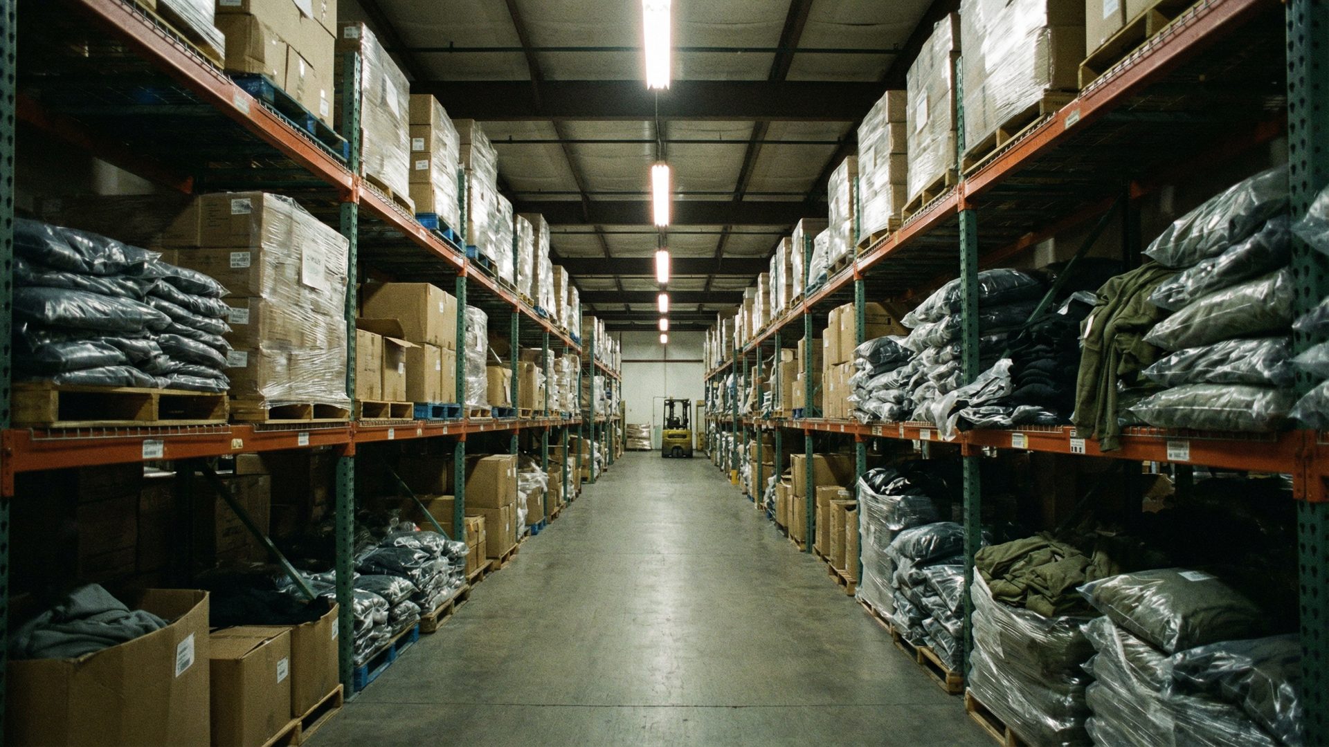 A wide shot of an overstocked apparel warehouse, with rows of shelving stacked high with boxes and poly-bagged garments.