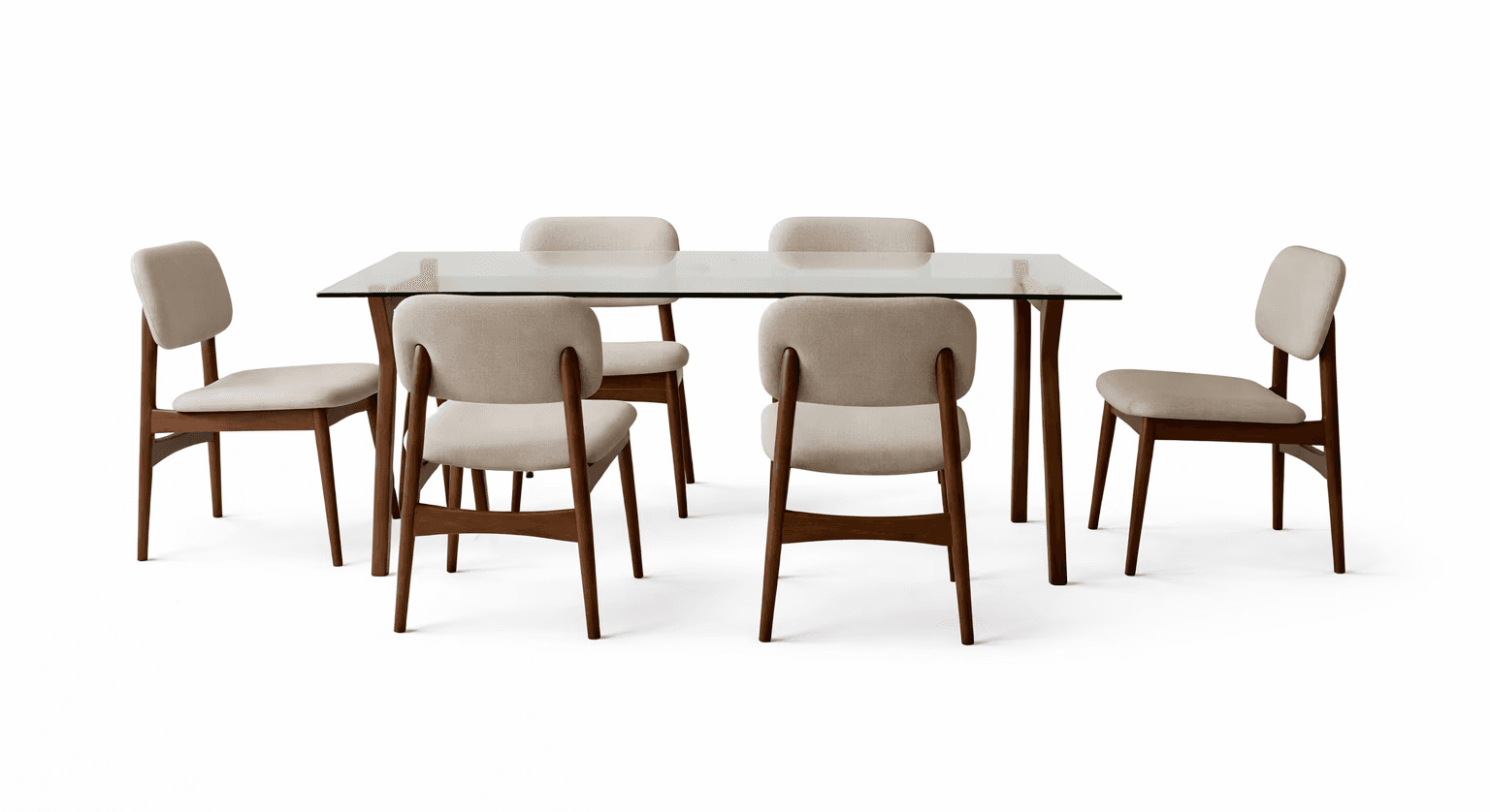 Rectangular dining table with clean straight rails and fully upholstered dining chairs