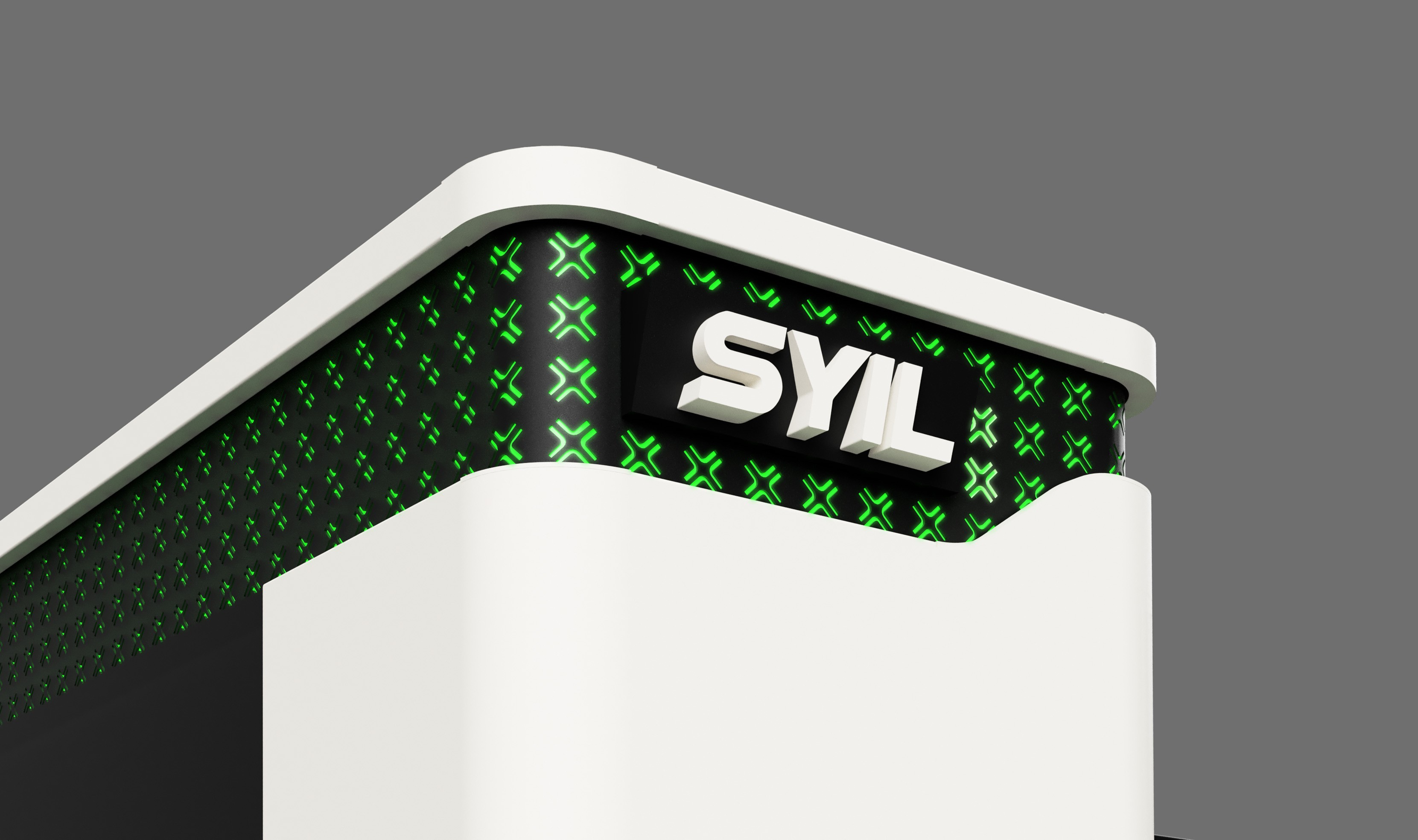 Rendering showing a corner detail of the device.