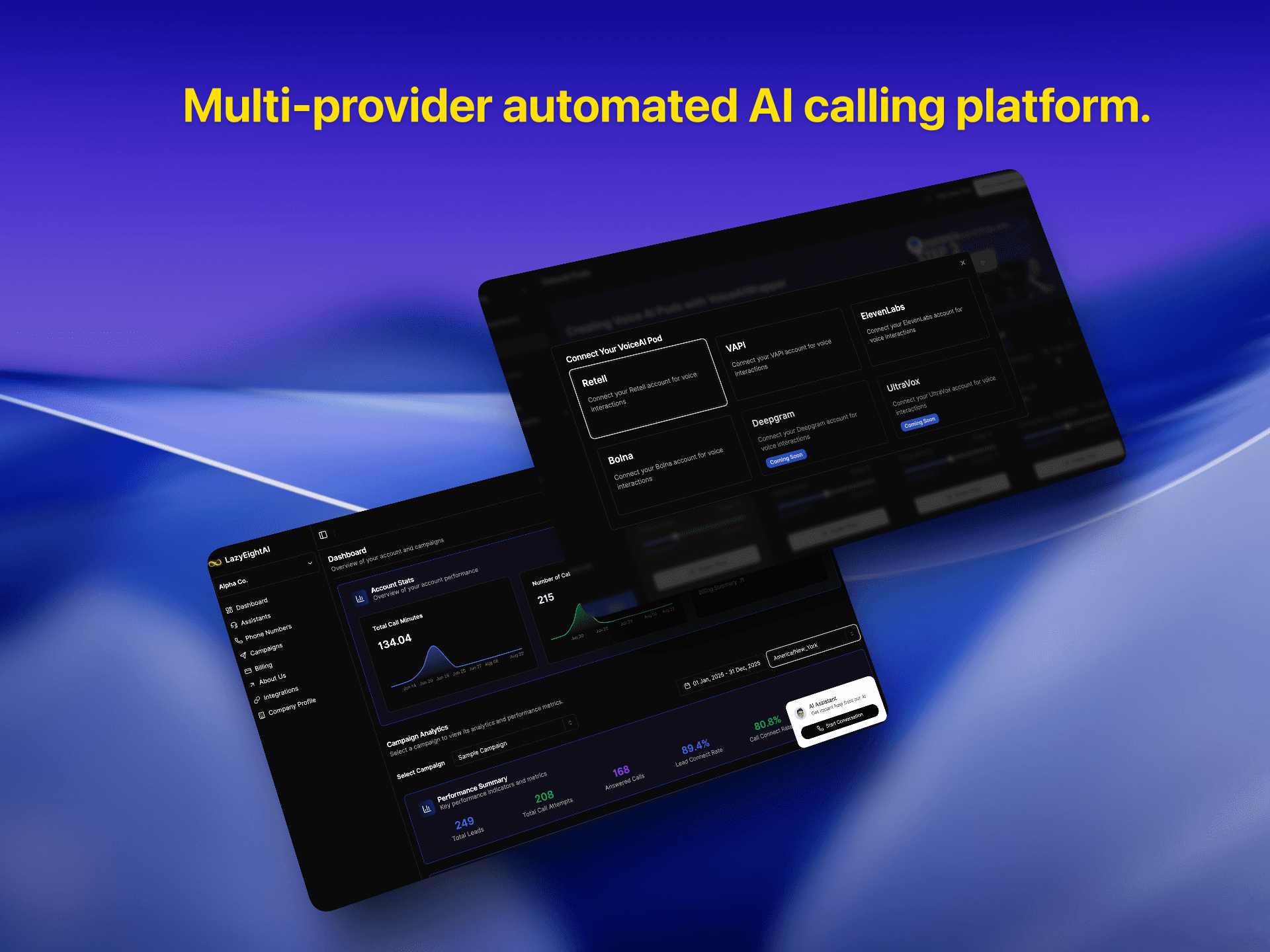 Multi-provider automated AI calling platform showing voice AI integrations with Retell, VAPI, ElevenLabs, Deepgram, and analytics dashboard | VoiceAIWrapper