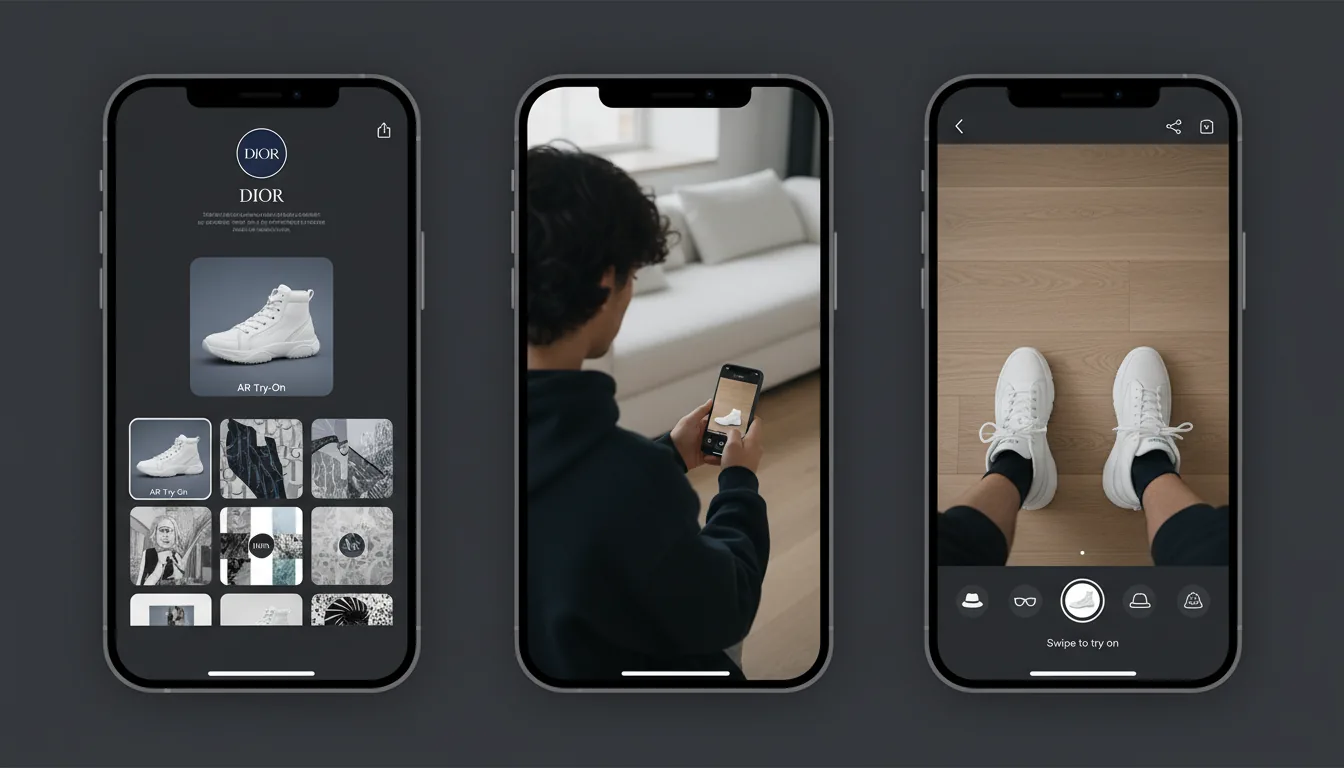 A triptych of three smartphone screenshots showcasing a social media app's Augmented Reality (AR) advertisement for a high-fashion brand, specifically a 'Dior' sneaker try-on. The app is presented in a Modern Dark Mode UI with a clean, minimalist design. The left screen displays the brand's profile page with a logo, abstracted text lines, and a grid gallery of available AR lens filters. The center screen shows an over-the-shoulder view of a person using the app. The right screen features a first-person point-of-view of the AR filter in action, with virtual white sneakers realistically superimposed on the user's feet over a wooden floor, complete with a lower carousel of circular UI elements and filter icons.