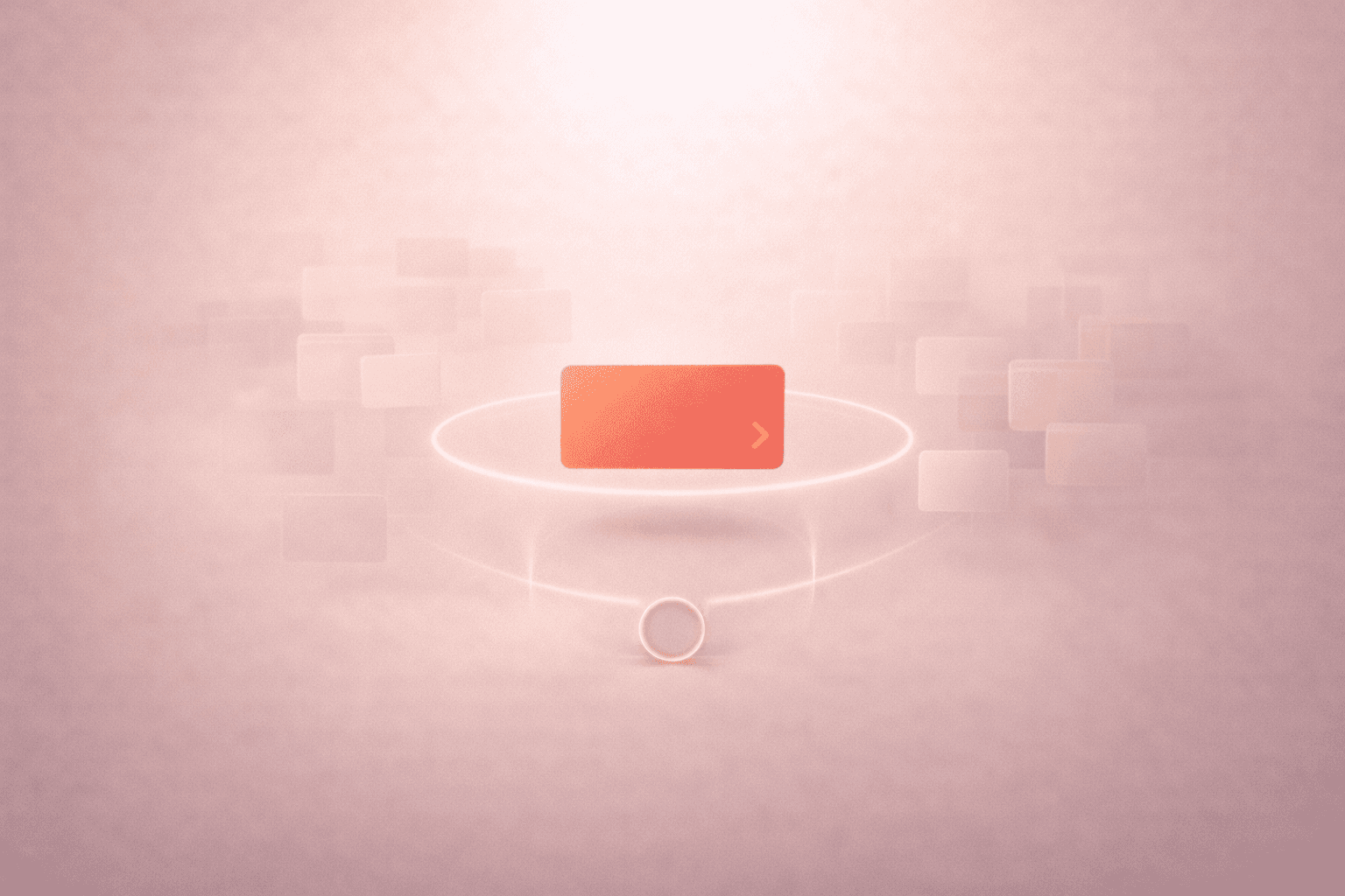 Minimalistische 3D-Illustration auf warmem cremebeigem Hintergrund mit einer zentral schwebenden korallorangenen Projektkarte im Fokus, umgeben von verblassenden, transparenten Projektkarten-Clustern, einem leuchtenden Begrenzungsring und einem kleinen Timer-Ring unten als Symbol für Priorisierung und begrenzte aktive Projekte.