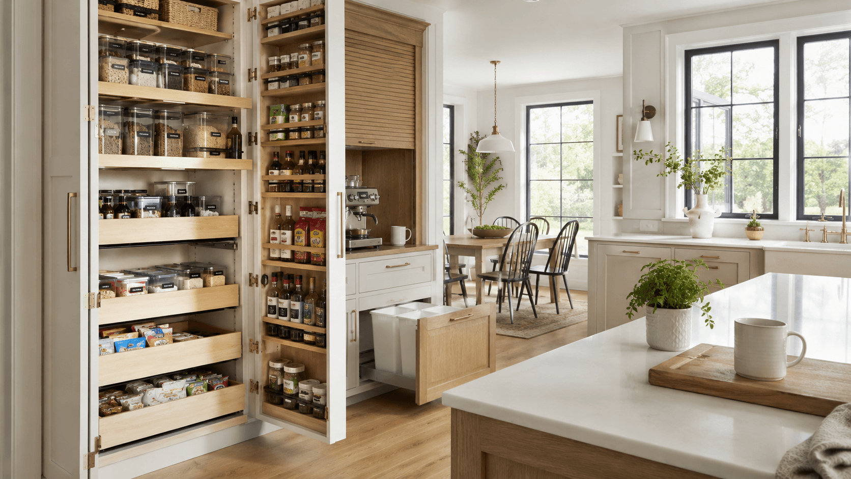 Organized kitchen pantry with clear storage containers for spices, grains, and snacks, complemented by wooden shelves and a cozy dining area, creating a bright and airy modern kitchen aesthetic.