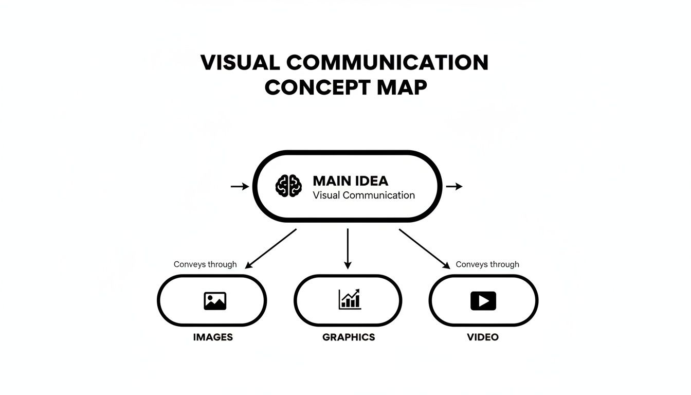 A concept map showing visual communication conveying ideas through images, graphics, and video.