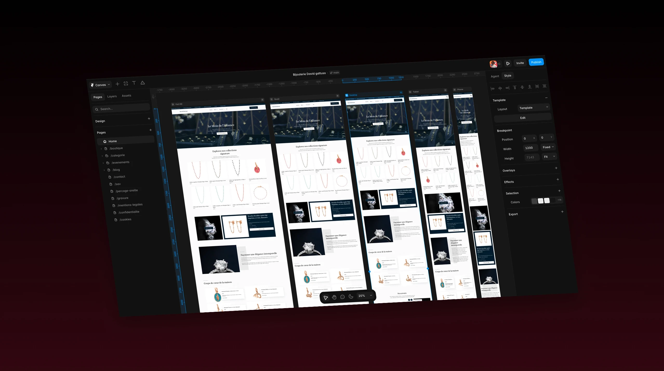 Le site de la Bijouterie David Gattuso ouvert dans l’éditeur Framer, avec ses breakpoints Full HD, desktop, tablette et mobile
