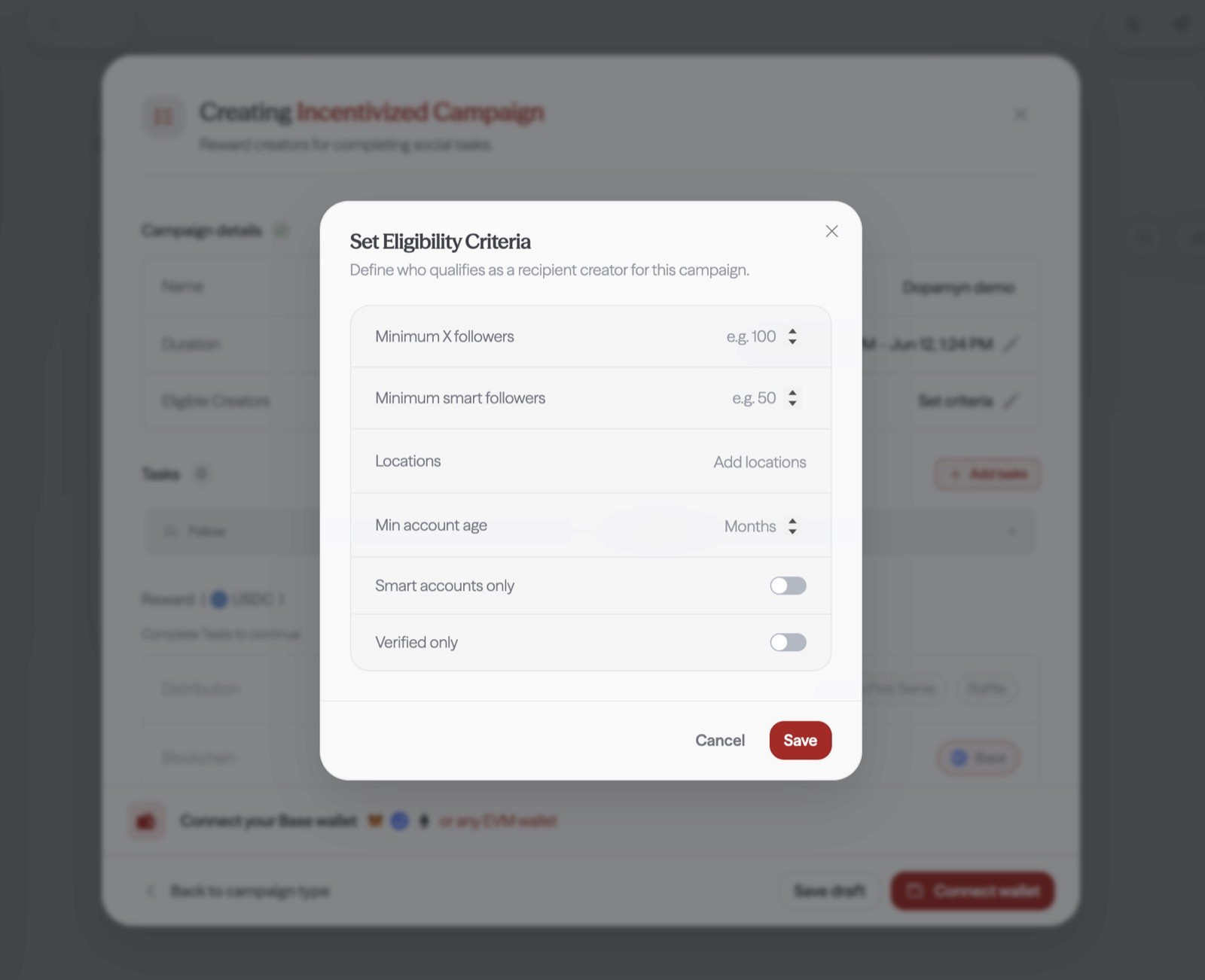 Setting campaign eligibility criteria in Dopamyn