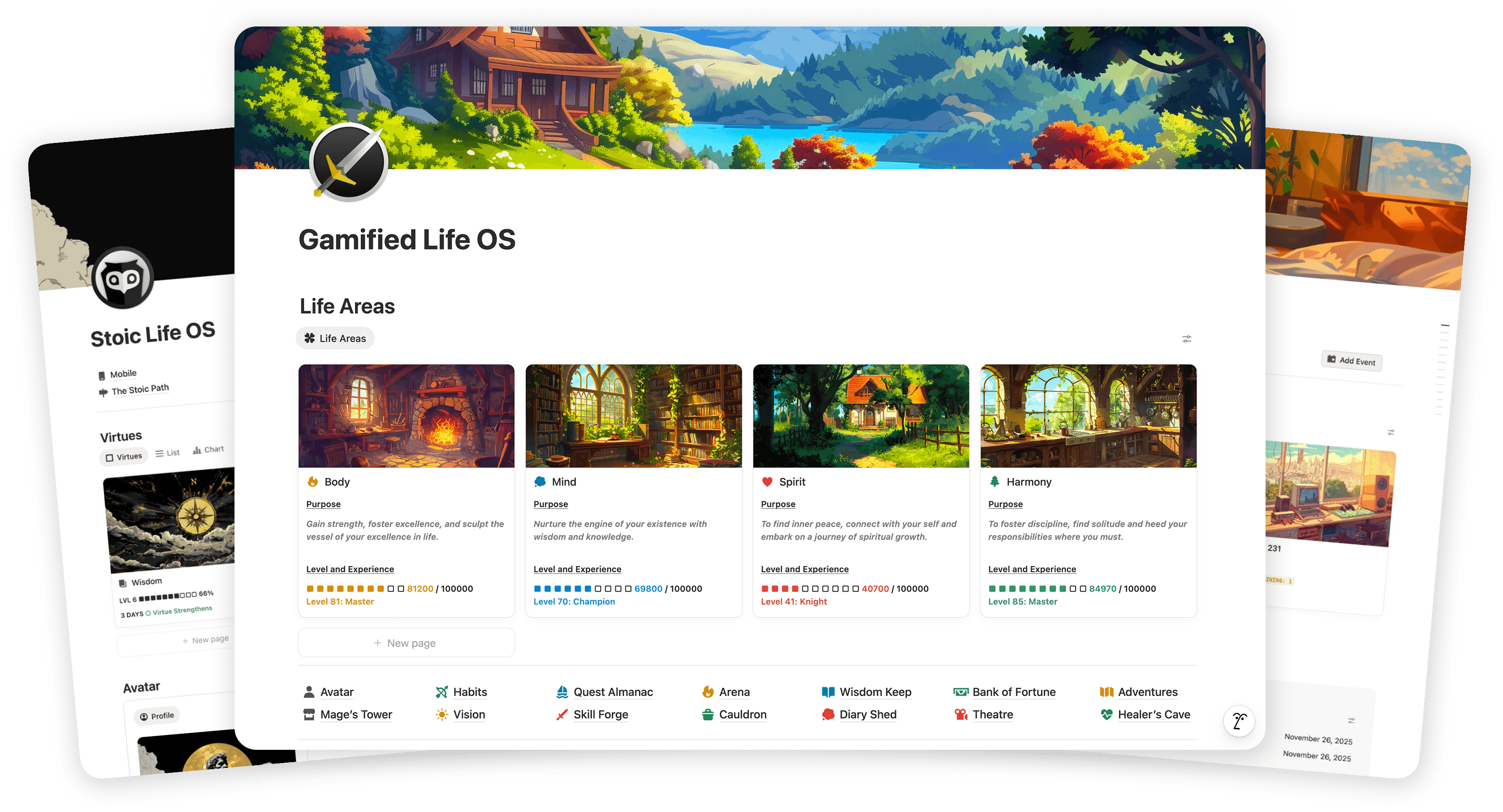 Preview image of the Gamified Life OS Notion template in a askewed, white dashboard. The imagery shows a distinct lo-fi cartoon style, vibrant green landscape.