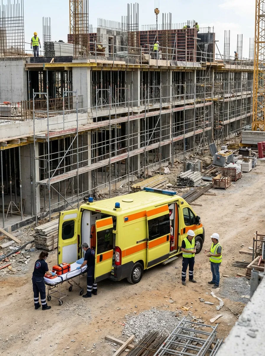 Under construction building with emergency responders and an ambulance at the scene.