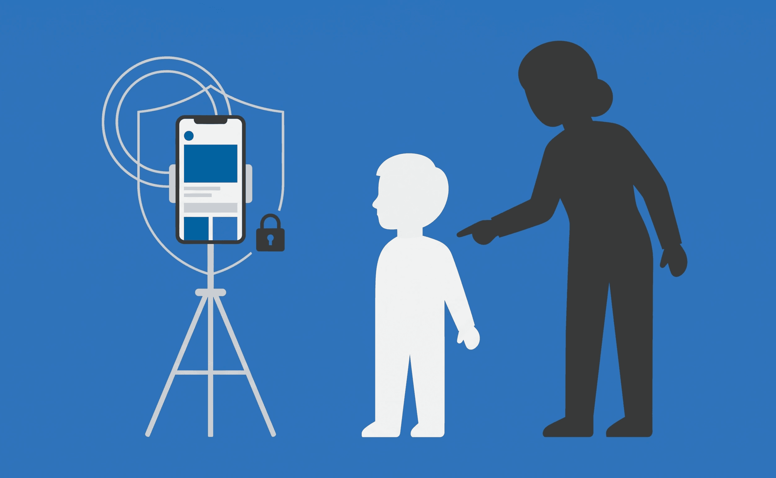 Ilustração de criança diante de celular em tripé com cadeado de proteção, enquanto um adulto acompanha a gravação, representando a regularização de conteúdo digital monetizado com participação de crianças e adolescentes.