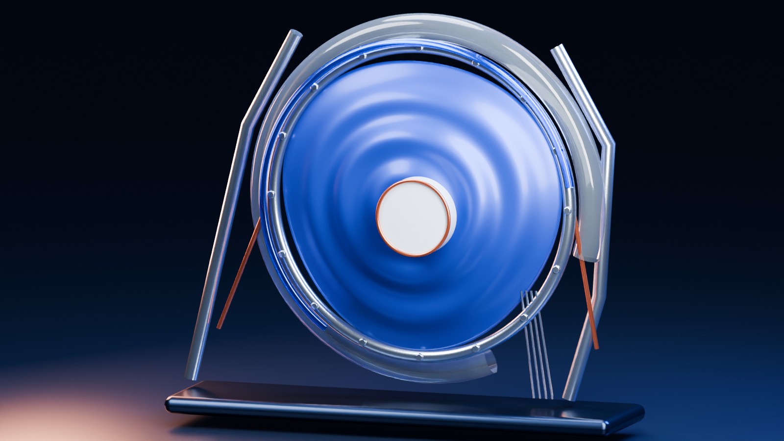 Original cobalt and machined-silver acoustic sculpture with suspended membranes and a thick optical shell.