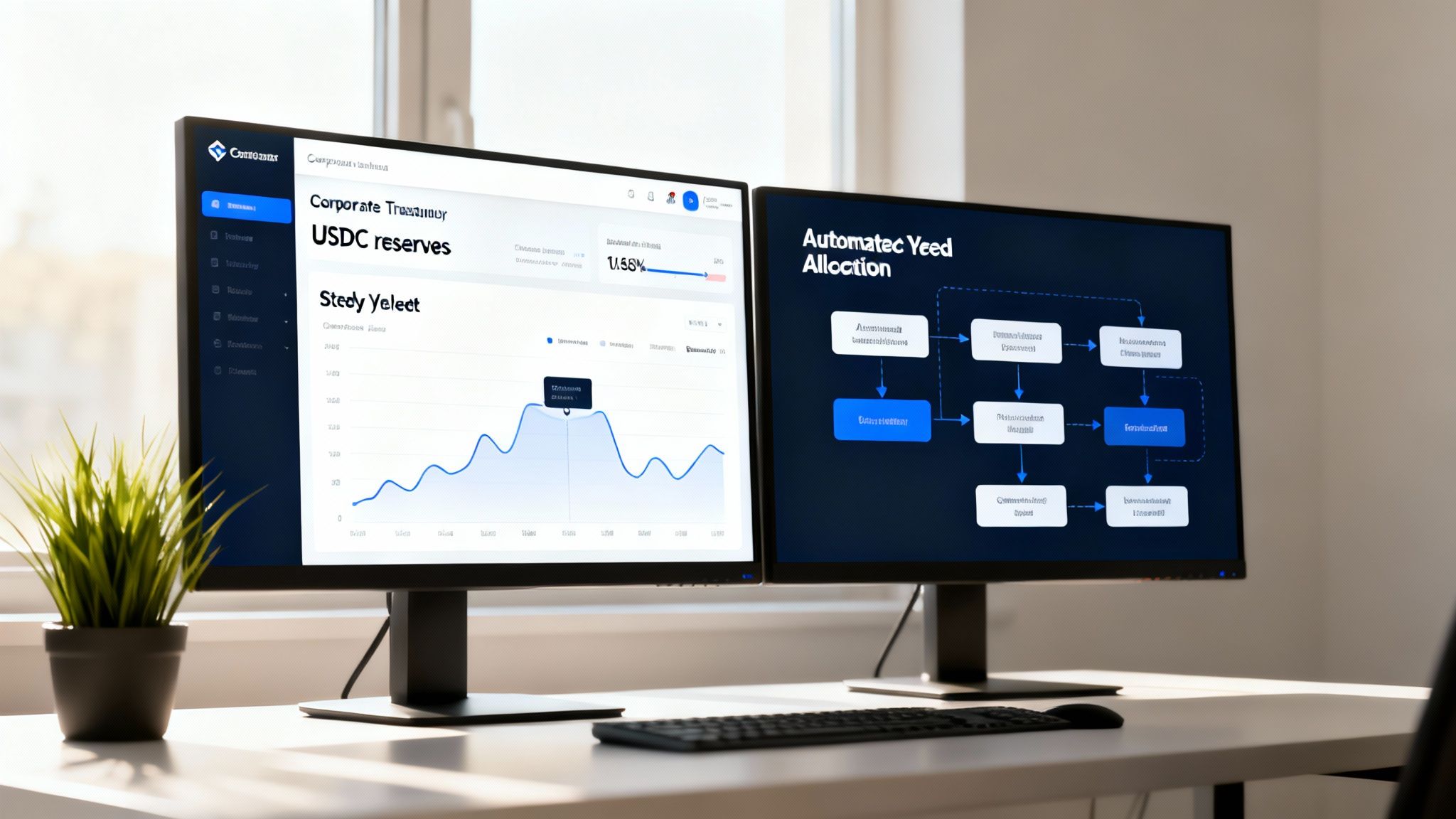 Two computer monitors display DeFi dashboards with financial data and a yield allocation flowchart.