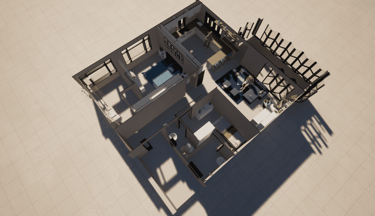 living room with brown sofa and glass window