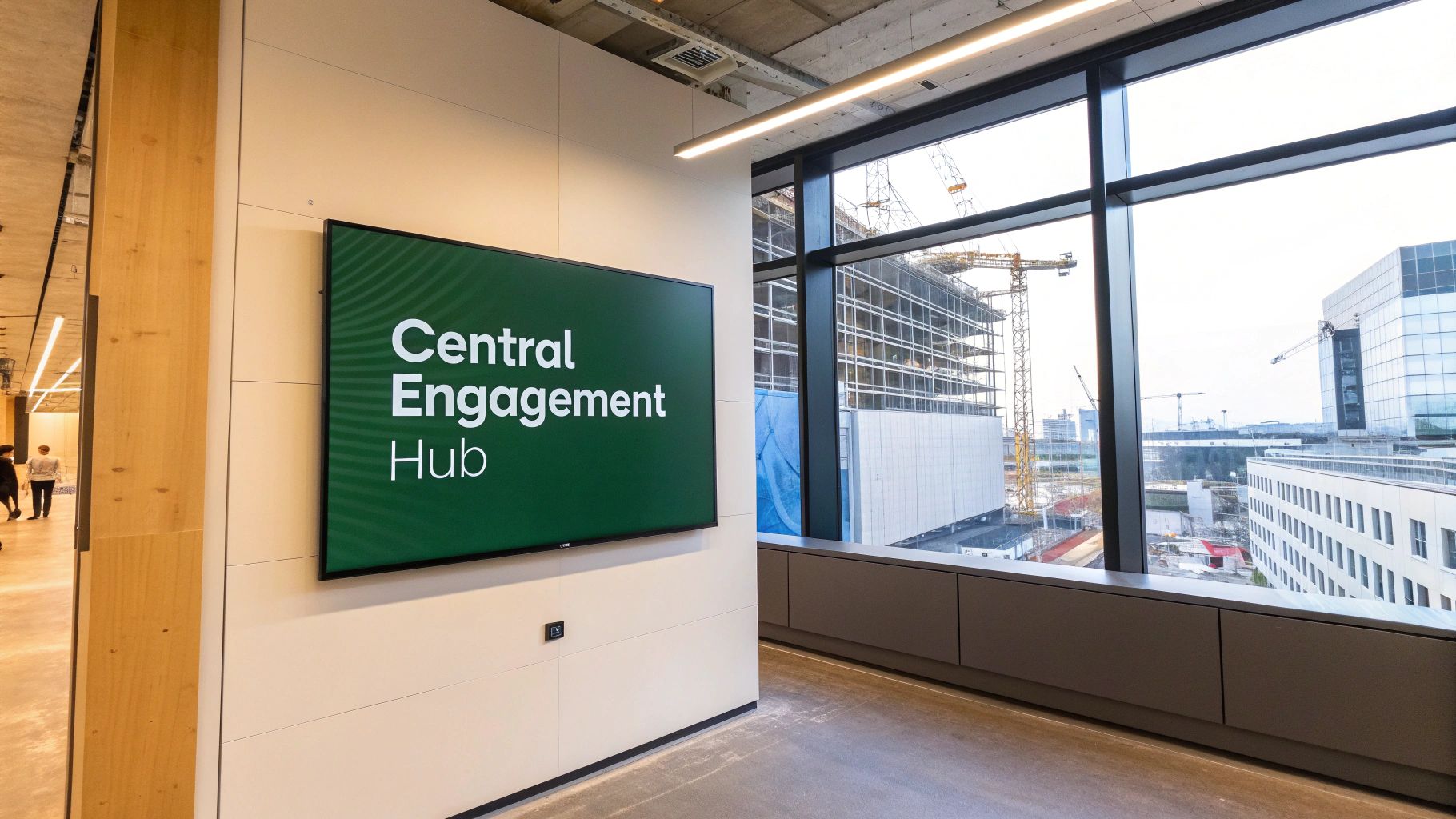 A modern office interior with a screen displaying 'Central Engagement Hub' and a window view of city construction.