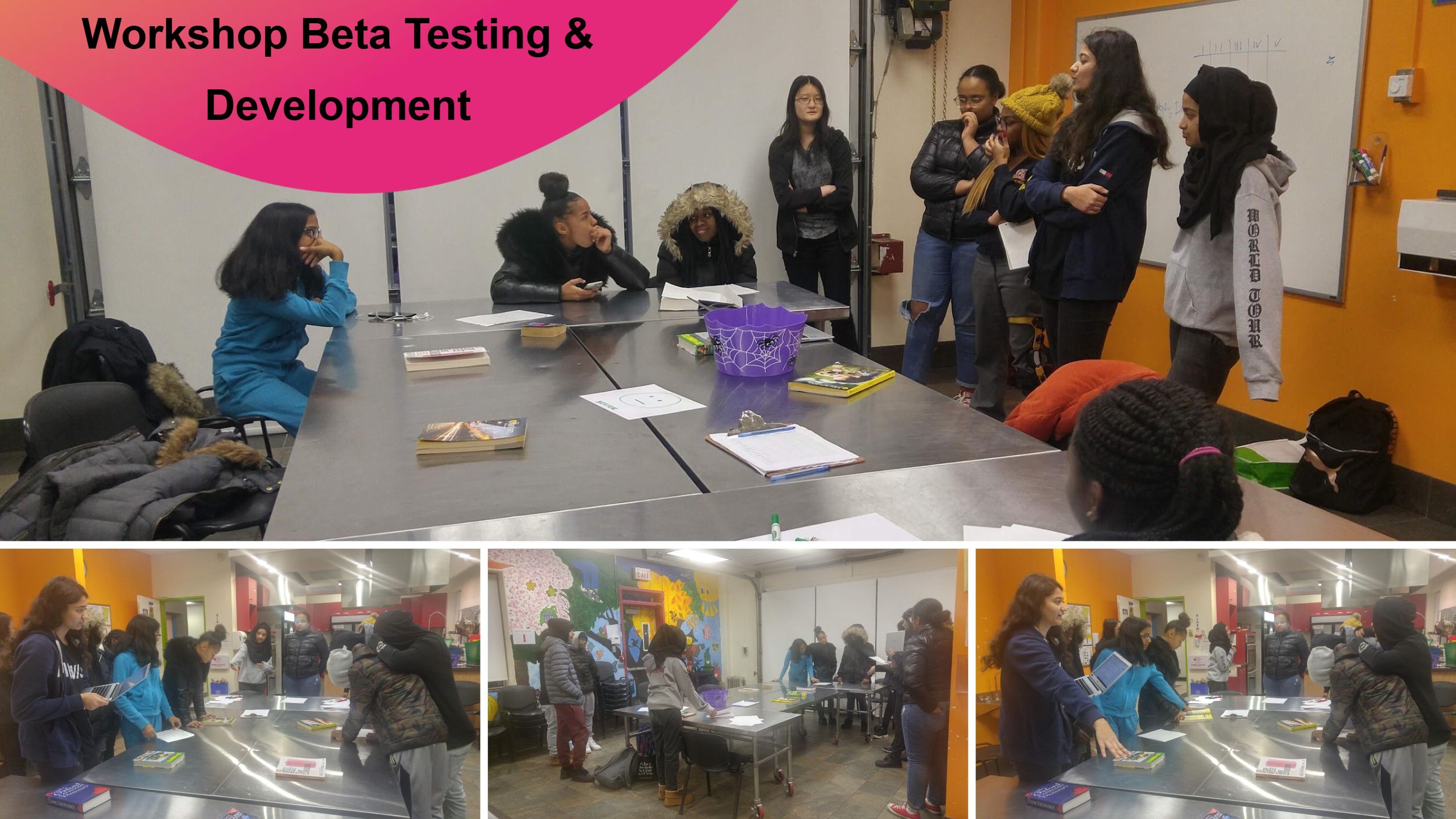 Collage of youth beta testing their youth led workshops with youth from East Scarborough Storefront.