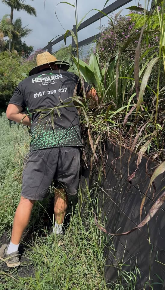Hepburn Property Maintenance team member manual weed removal overgrown garden bed Gold Coast