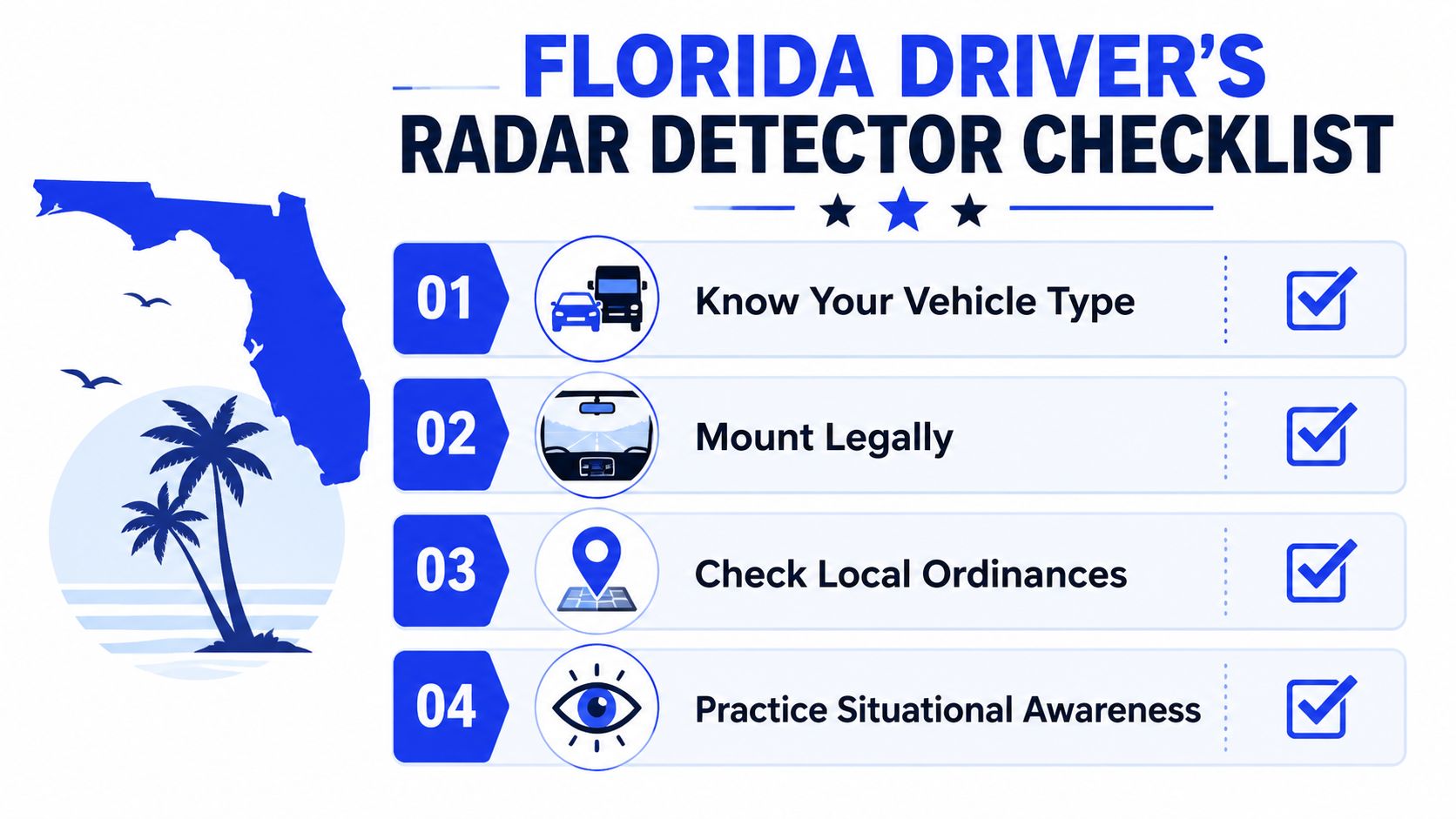 A checklist infographic titled Florida Driver's Radar Detector Checklist outlining four safety steps for motorists.
