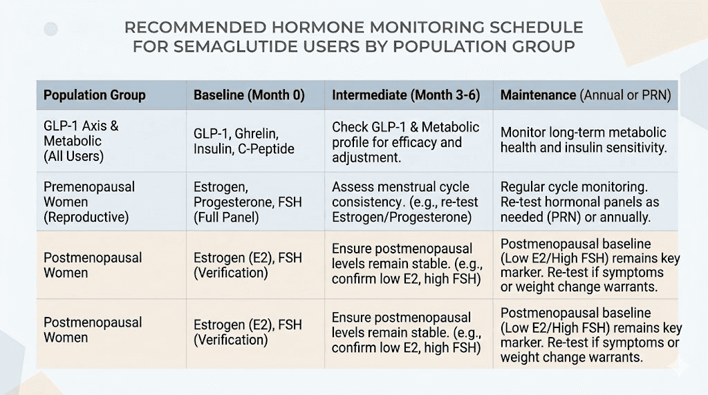 Hormone monitoring schedule for semaglutide users by population