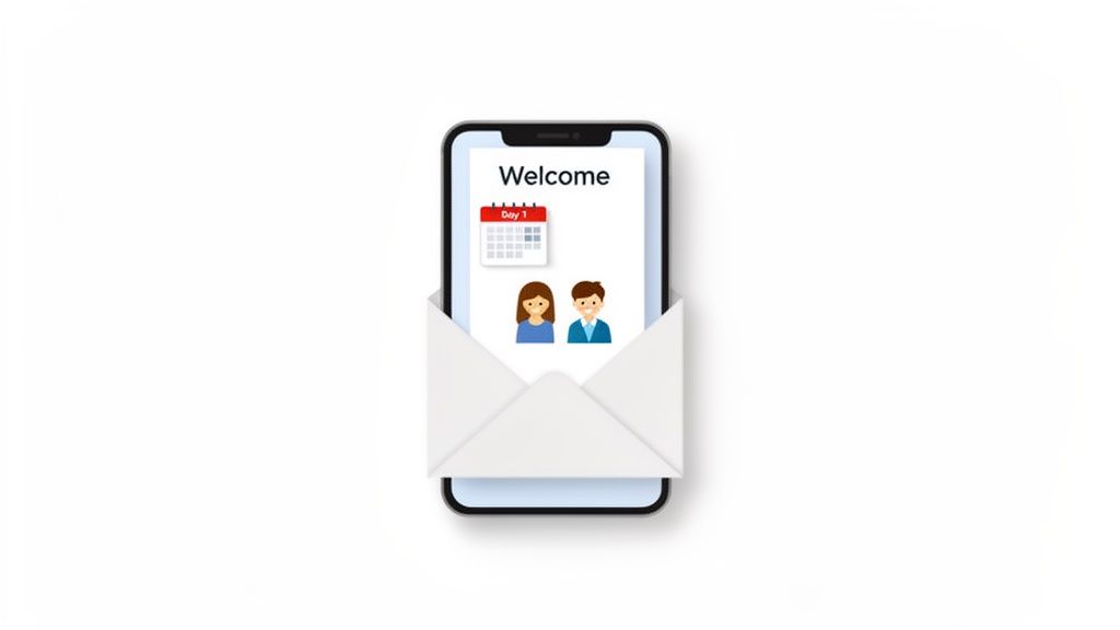Smartphone displaying a welcome message with calendar and avatars, emerging from an envelope, symbolizing new employee onboarding.