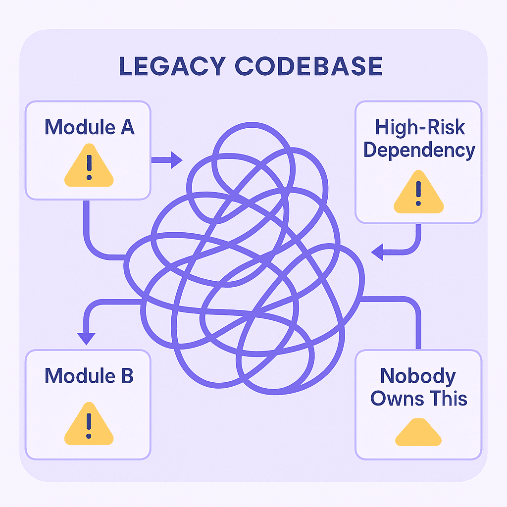 Diagram showing tangled legacy codebase with unclear ownership and high risk dependencies
